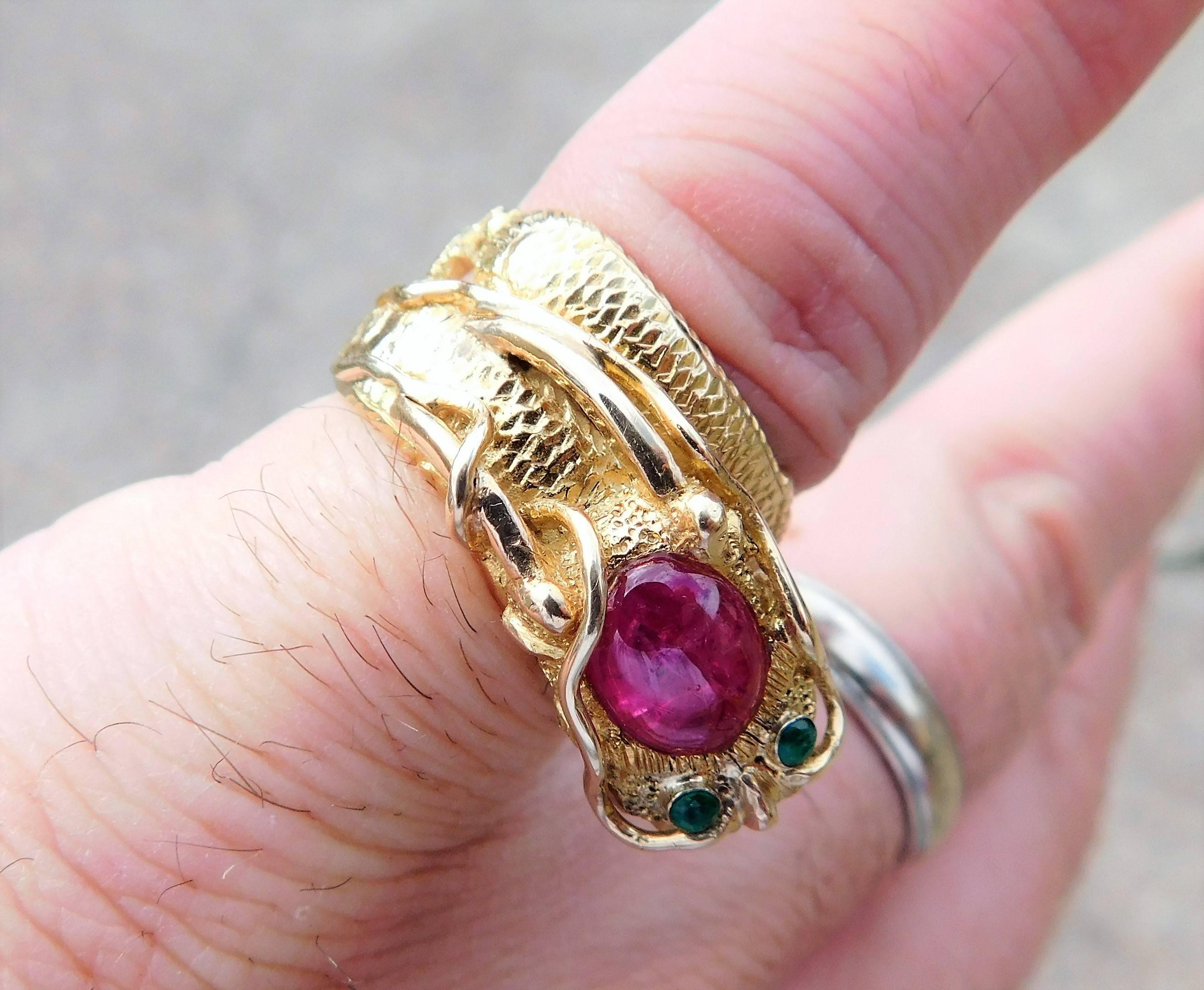 Handcrafted 14 Karat Gold Ruby and Emerald Serpentine Dragon Ring 3