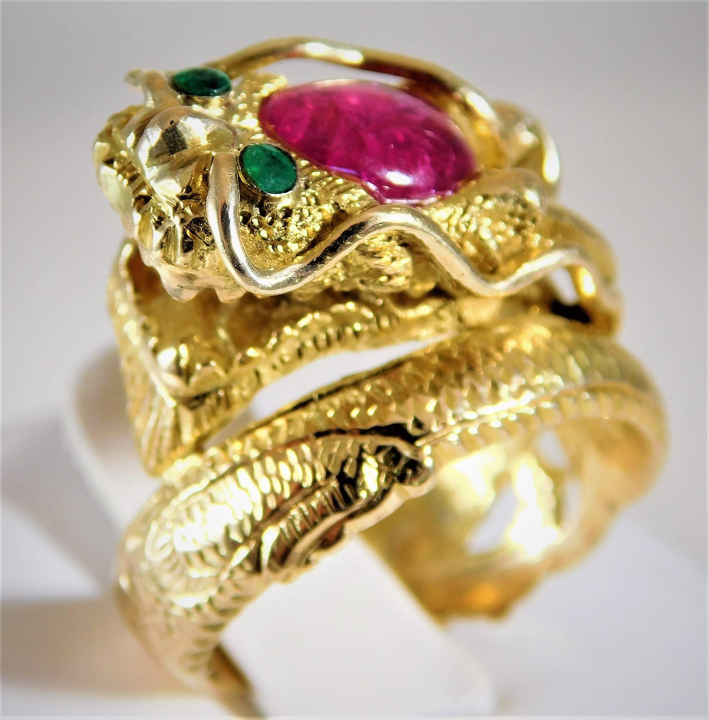 Oval Cut Handcrafted 14 Karat Gold Ruby and Emerald Serpentine Dragon Ring