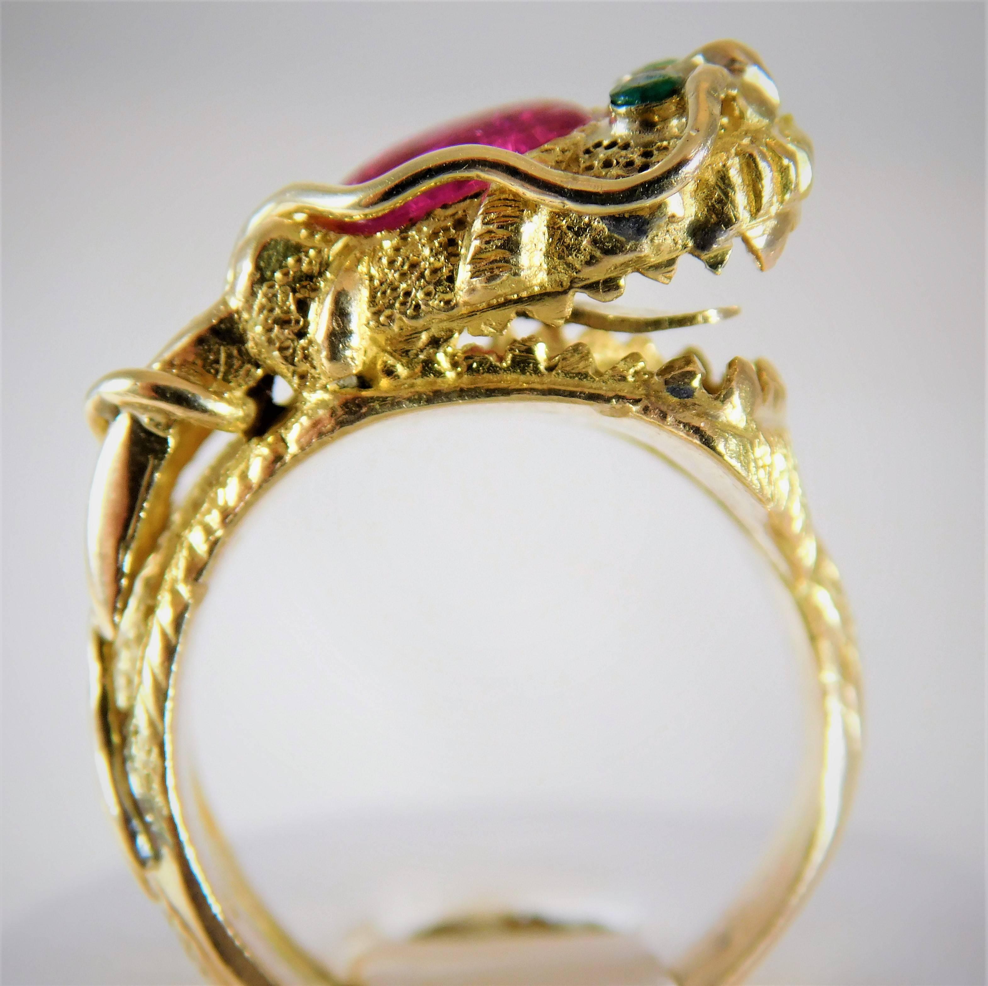 Byzantine Handcrafted 14 Karat Gold Ruby and Emerald Serpentine Dragon Ring