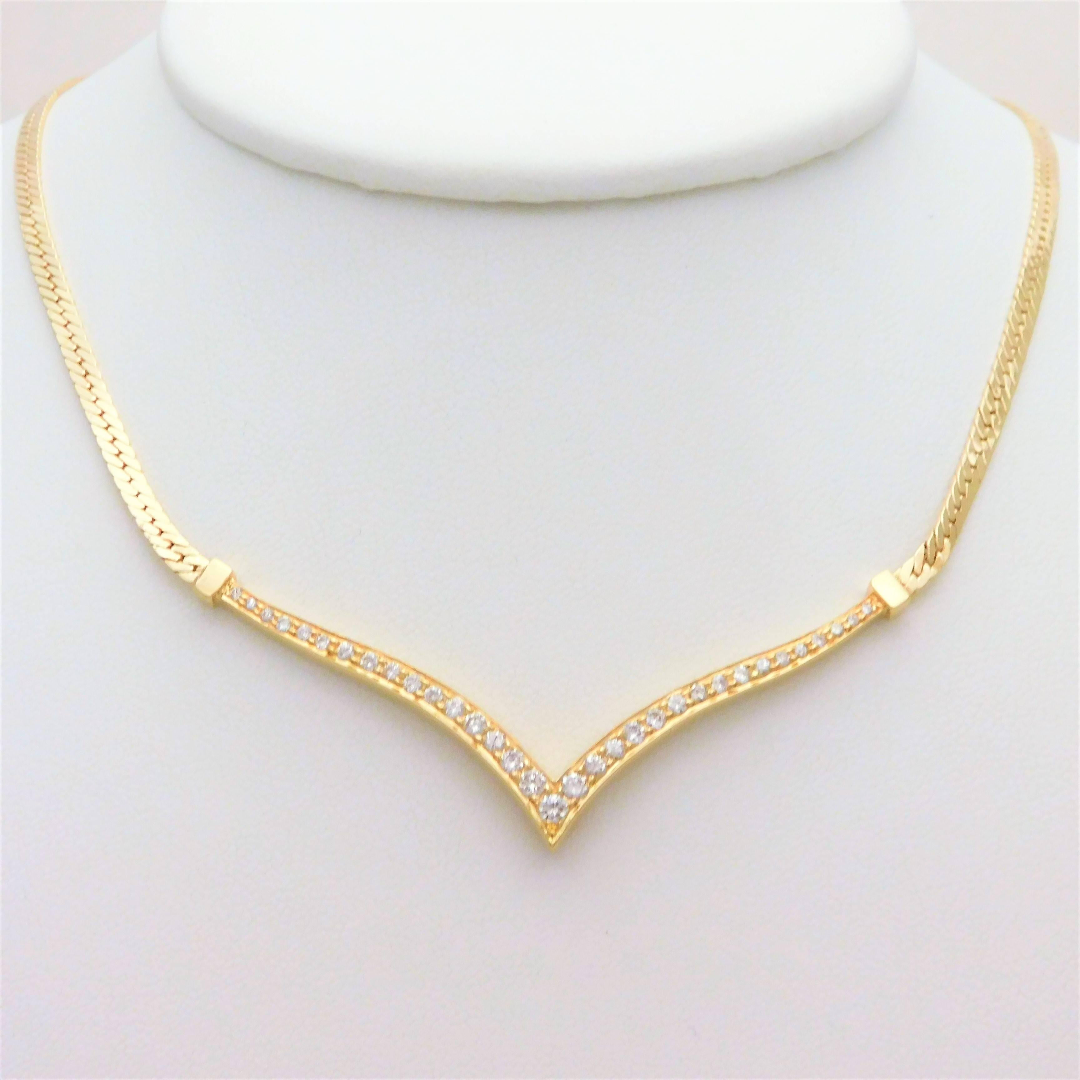 Modern Vintage 14 Karat Gold V Diamond Pendant Necklace For Sale