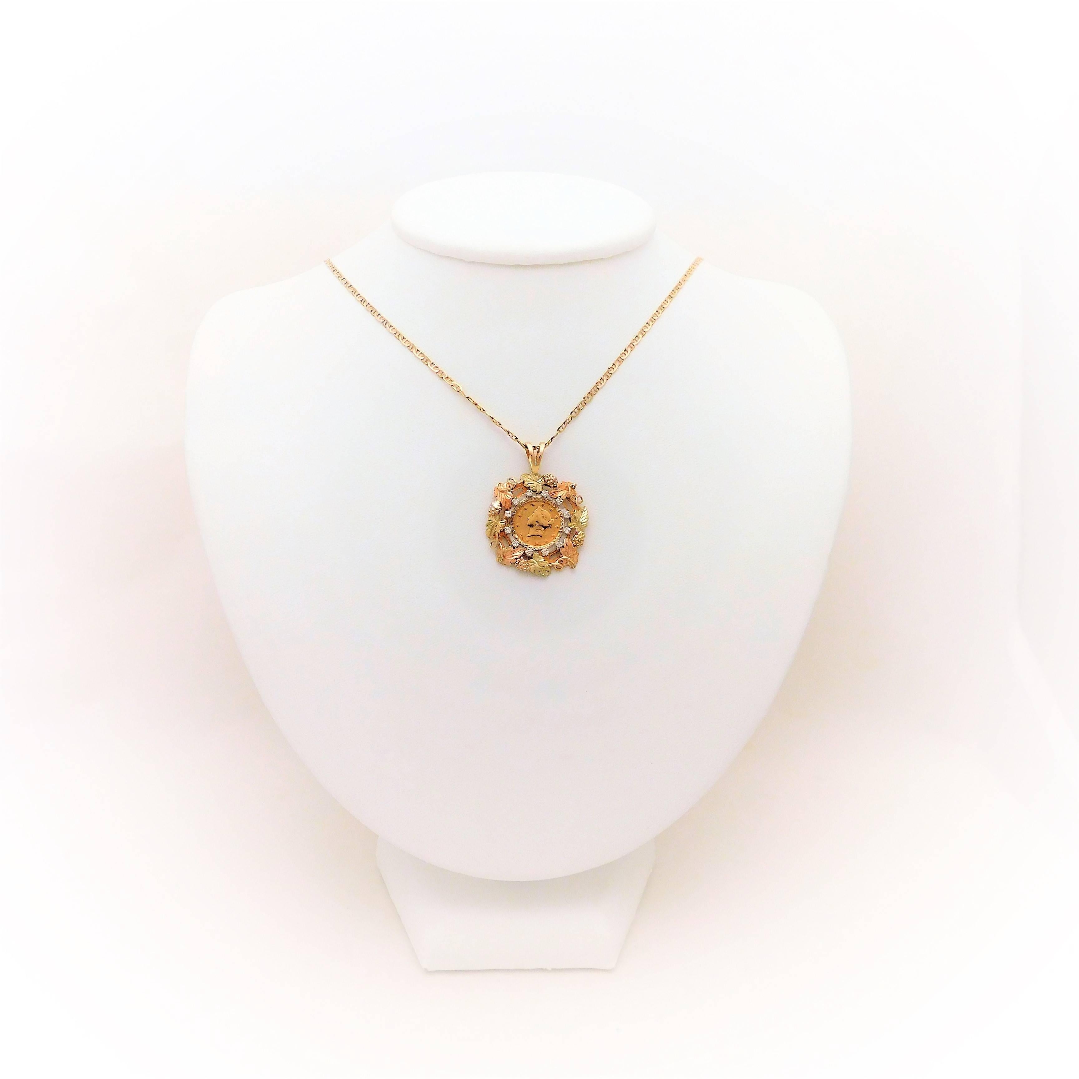 Acquired in an ornate Southern estate.  This one-of-a-kind pendant has been hand crafted in solid 14k gold.  It has been masterfully jeweled with an 1851 US Gold Dollar Coin as its center piece.  This antique circulated coin is made of 0.9000 gold. 
