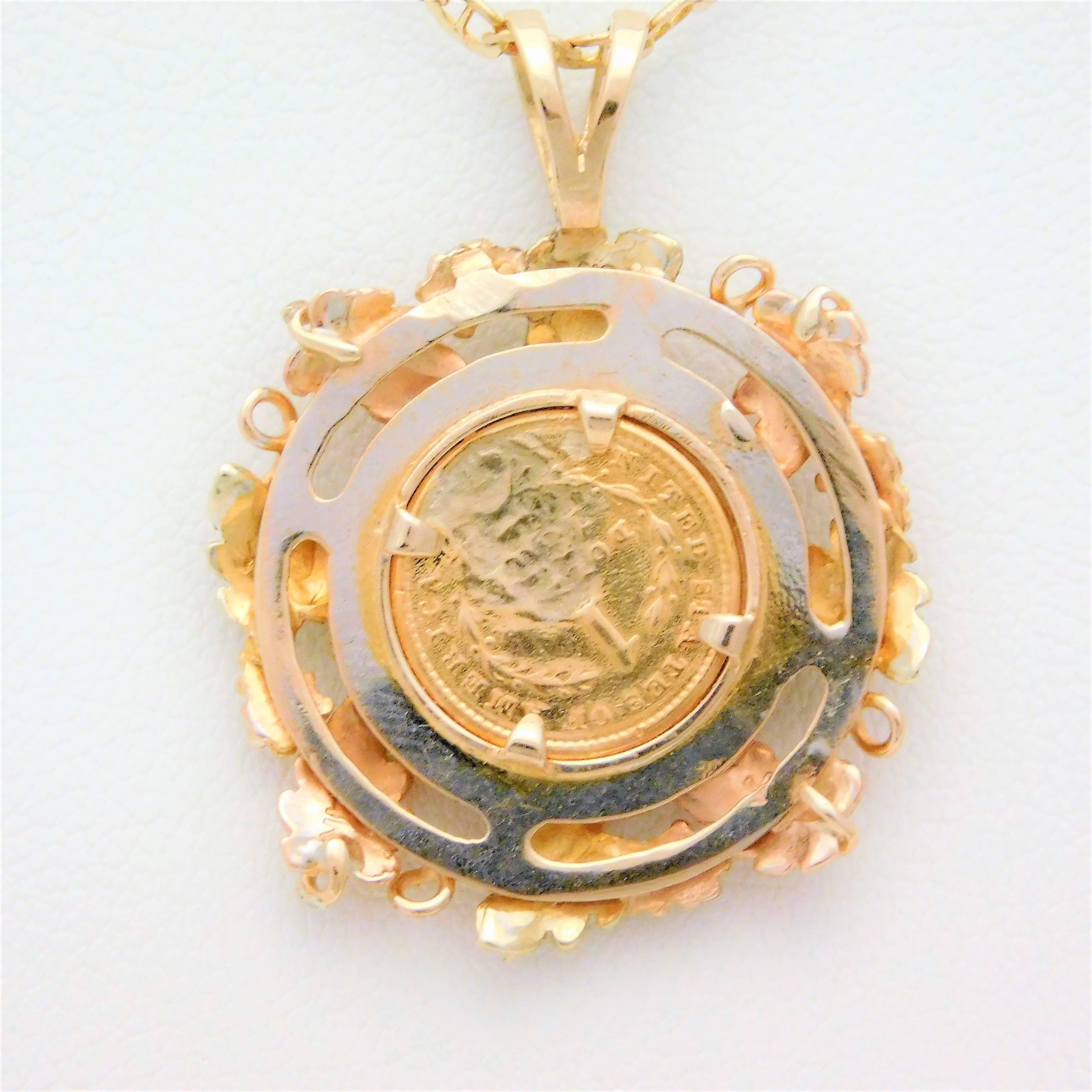 Early Victorian 1851 US Gold Dollar Coin Diamond Vineyard Pendant In Good Condition In Metairie, LA