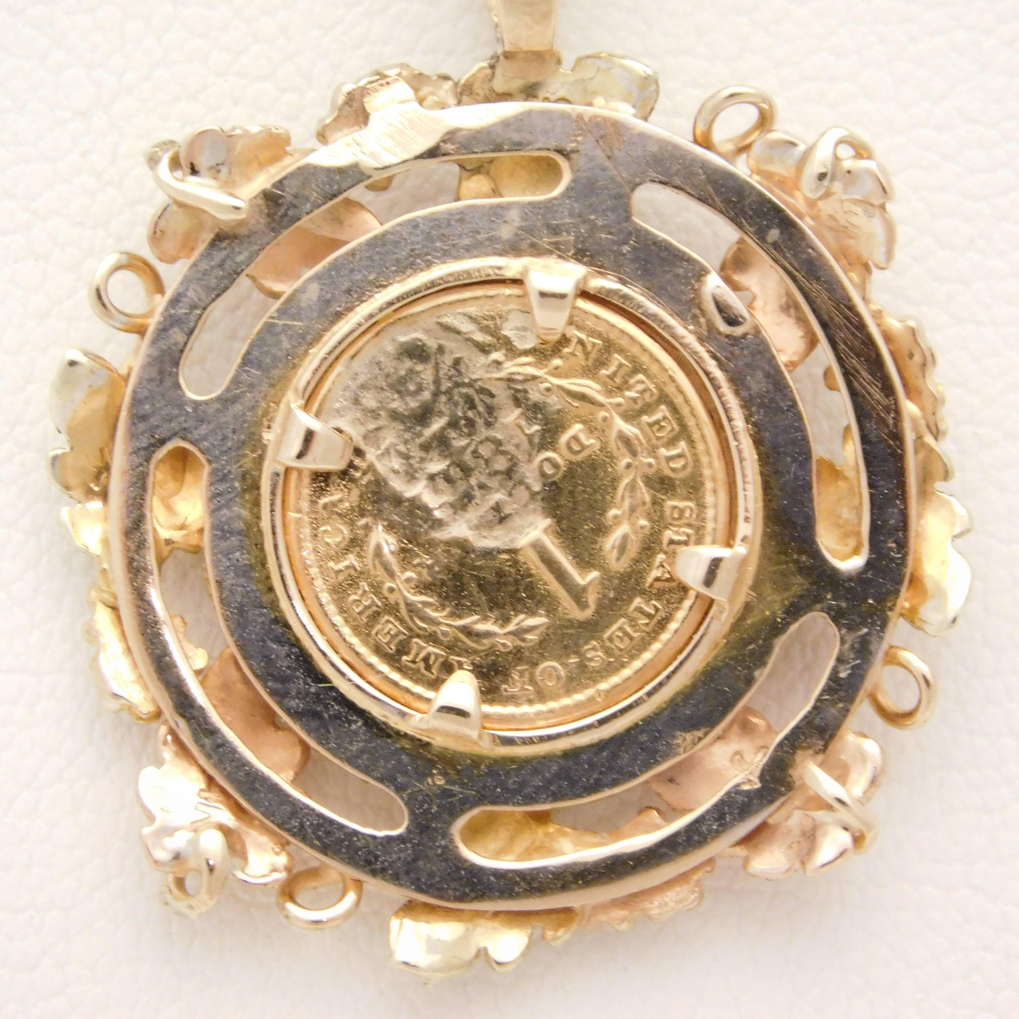 Women's or Men's Early Victorian 1851 US Gold Dollar Coin Diamond Vineyard Pendant