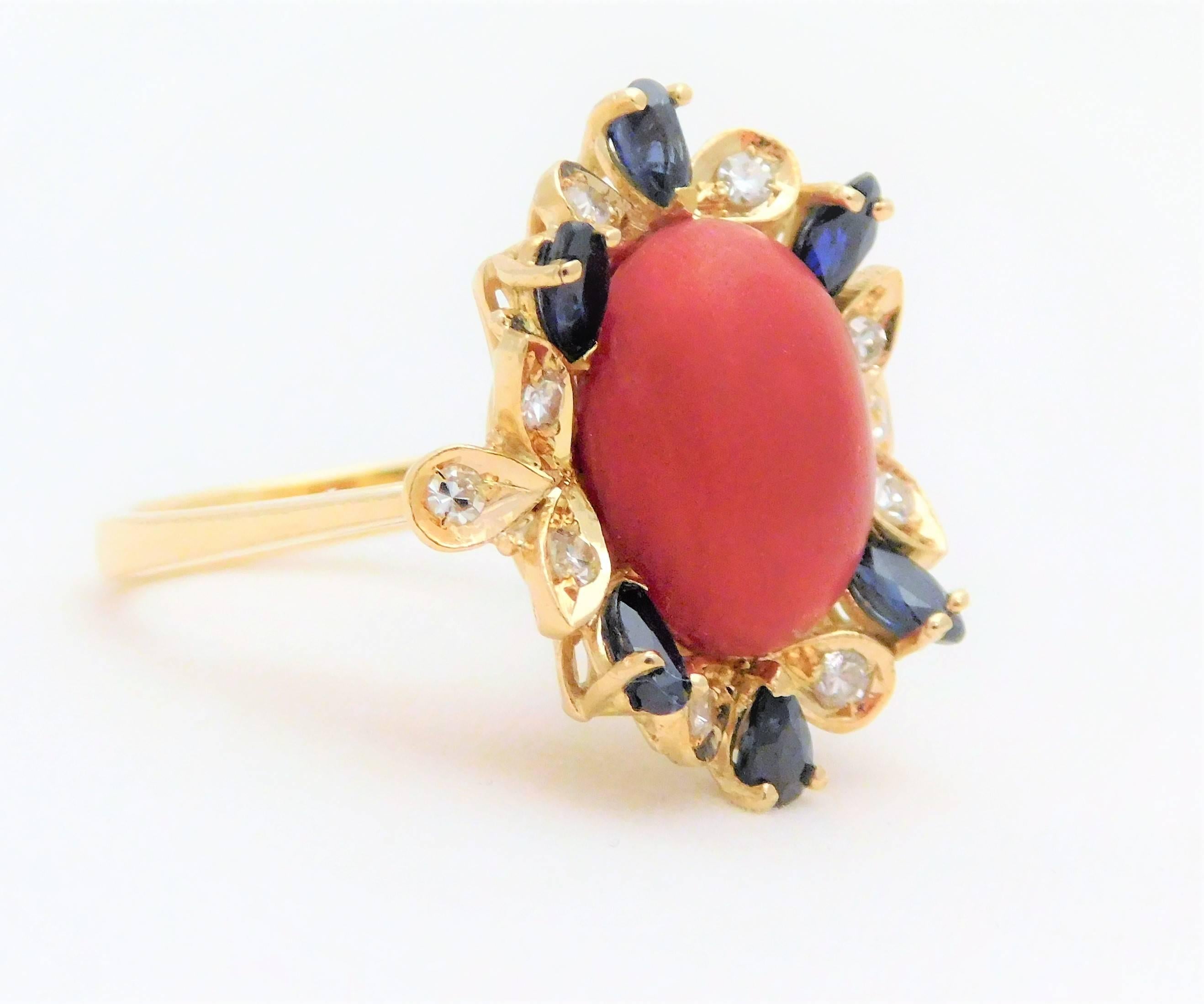 Art Deco Coral Cabochon, Sapphire, and Spinel Cocktail Ring