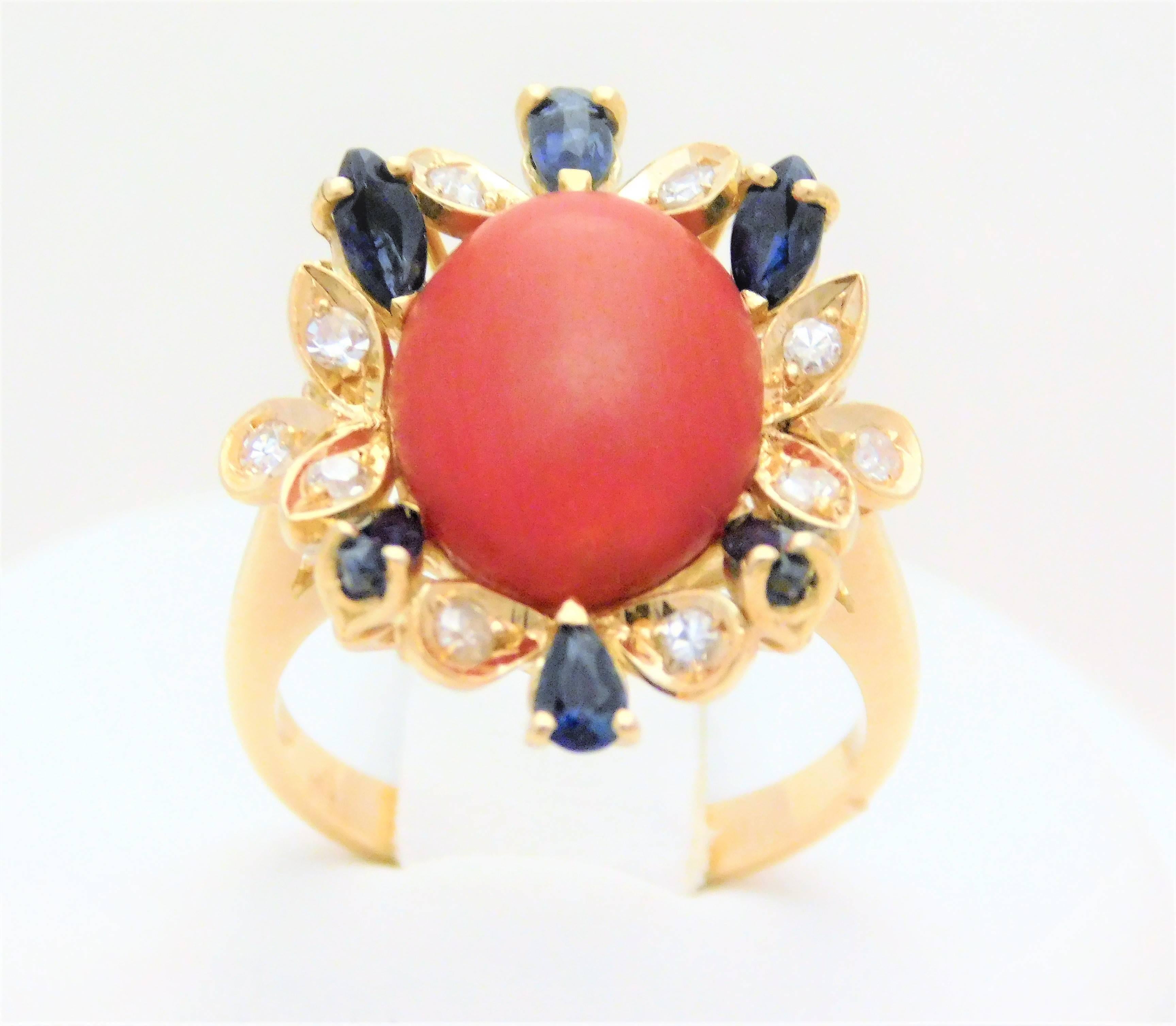 Coral Cabochon, Sapphire, and Spinel Cocktail Ring In Excellent Condition In Metairie, LA