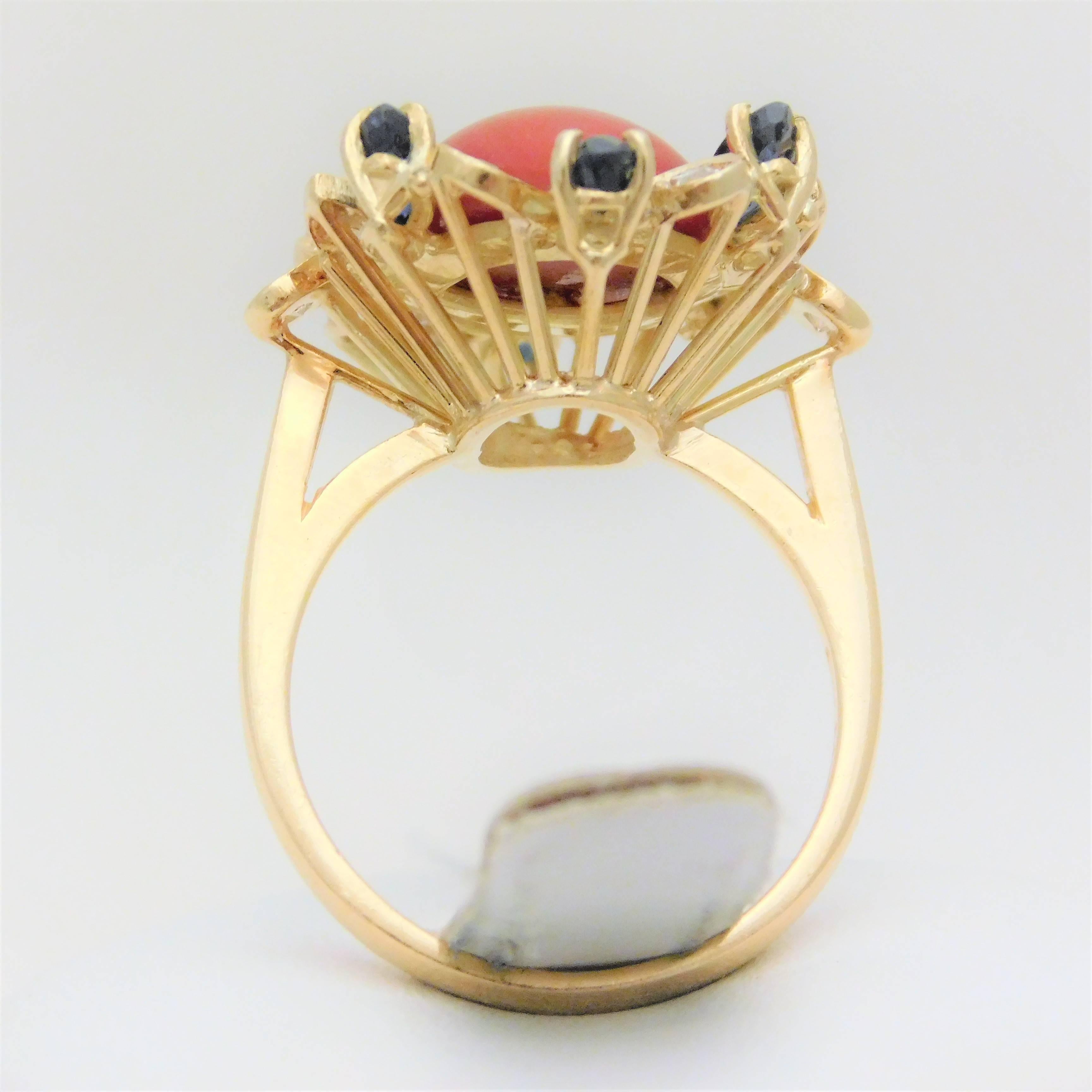 Coral Cabochon, Sapphire, and Spinel Cocktail Ring 2