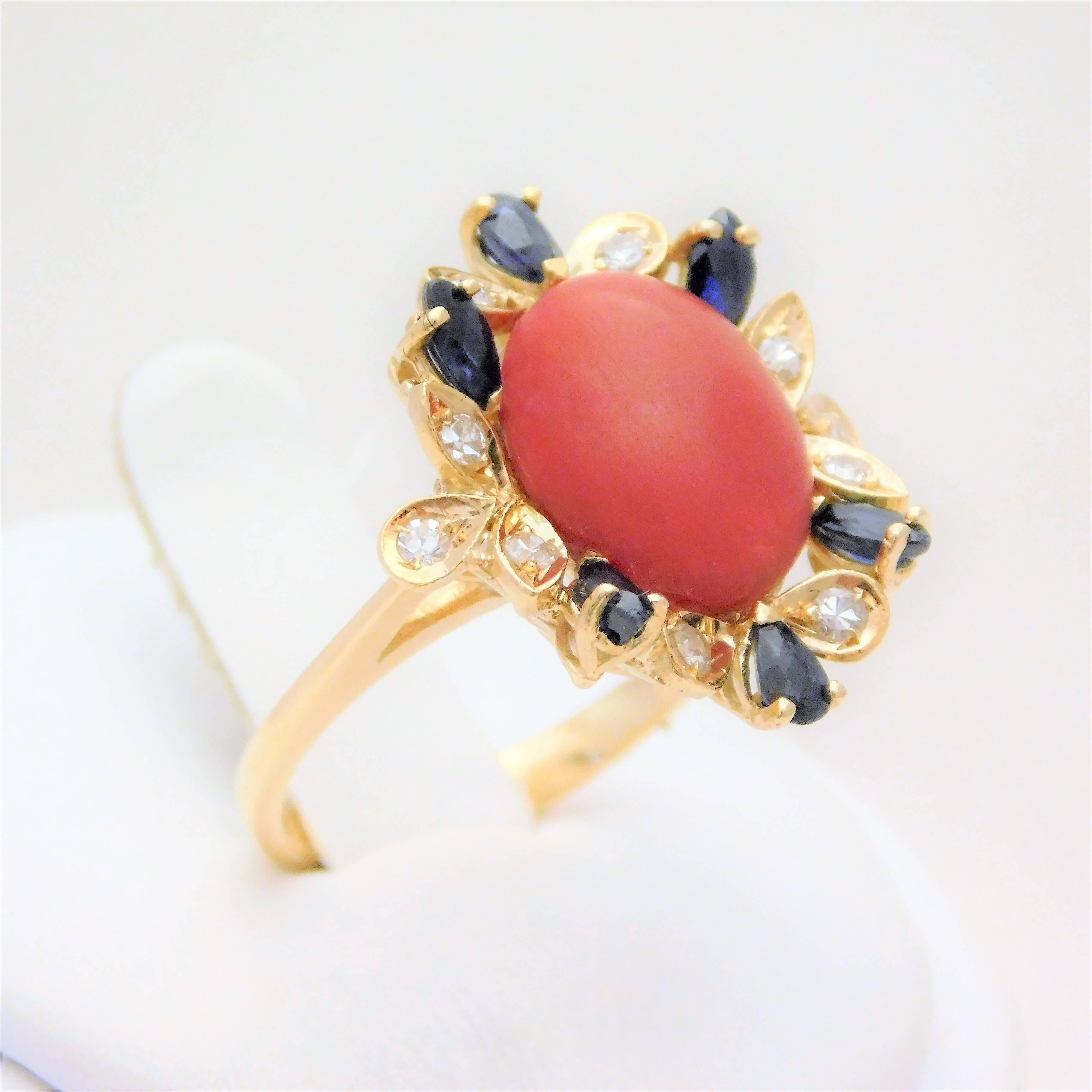 Women's Coral Cabochon, Sapphire, and Spinel Cocktail Ring