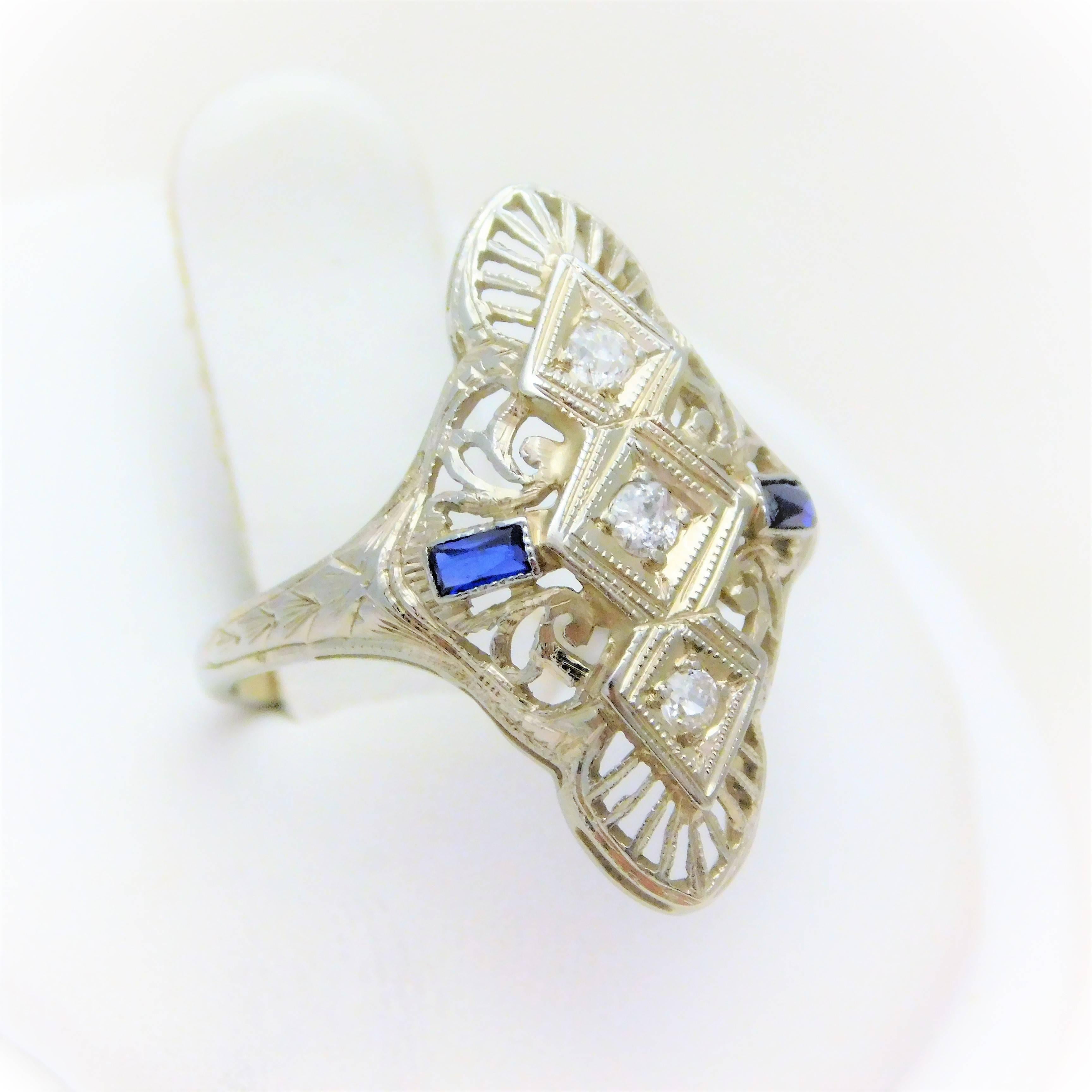 Old Mine Cut Ladies’ 18k Late Victorian “Shield Ring” with Sapphires and Old Mine-cut Diamond