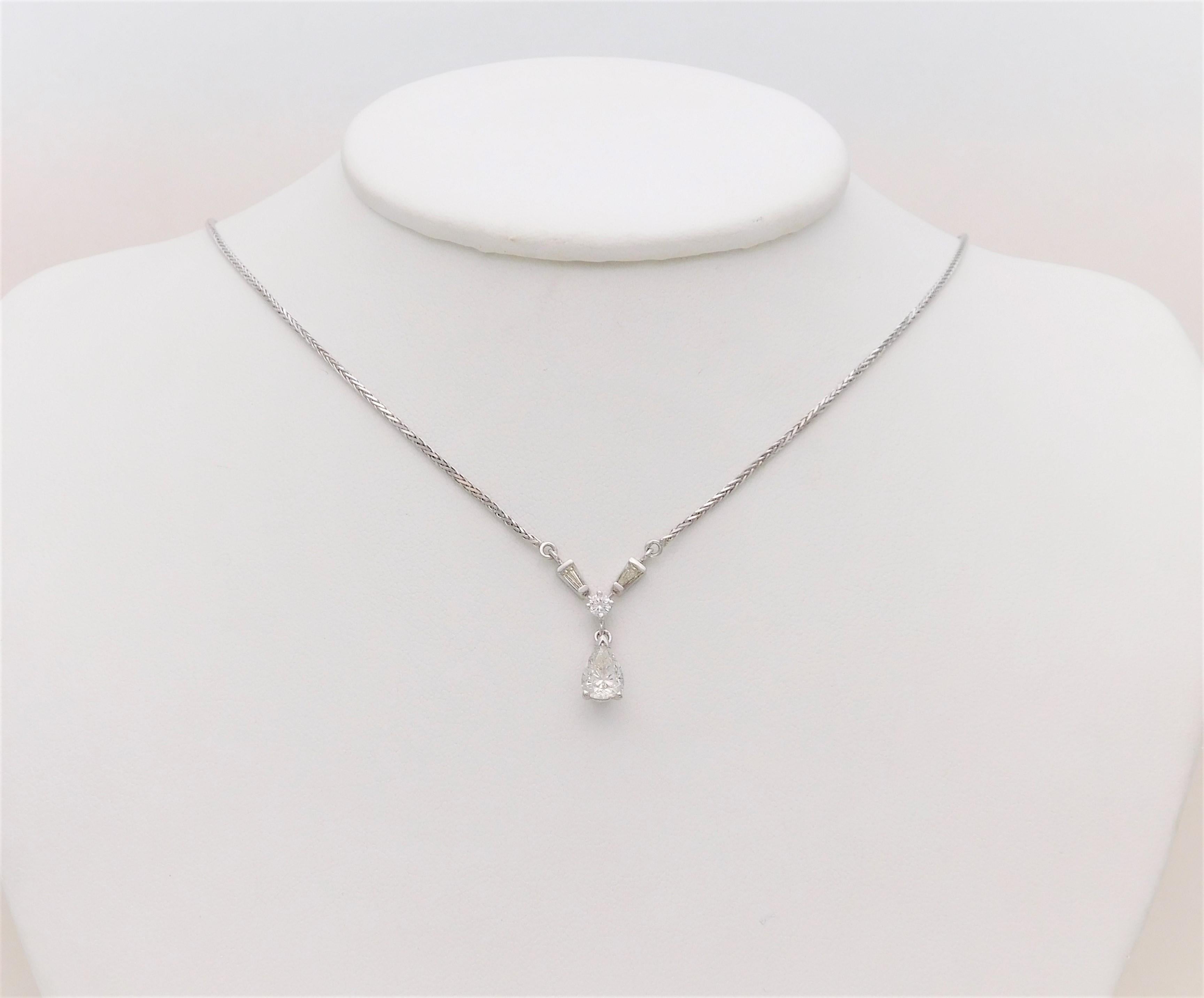 Italian Crafted Vintage Custom Pear Brilliant Diamond Drop Pendant Necklace In Excellent Condition In Metairie, LA