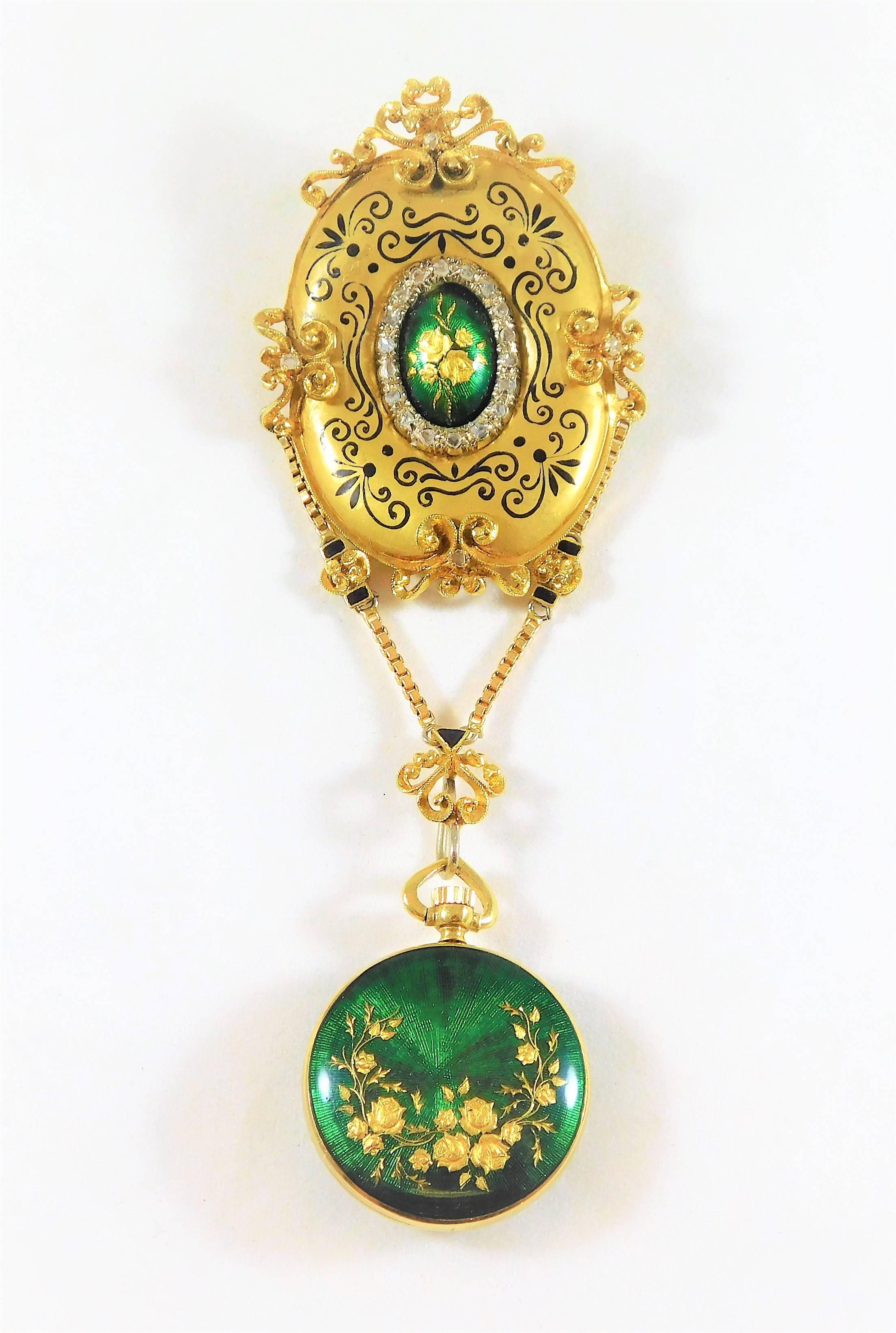 Ornate Early-20th Century 18k Gold Enamel Brooch Watch


This Victorian Style, hand-crafted ladies’ Montreux antique brooch watch is as elegant as it is rare.  It is made of solid 18k yellow gold and in remarkable condition.  The brooch is jeweled