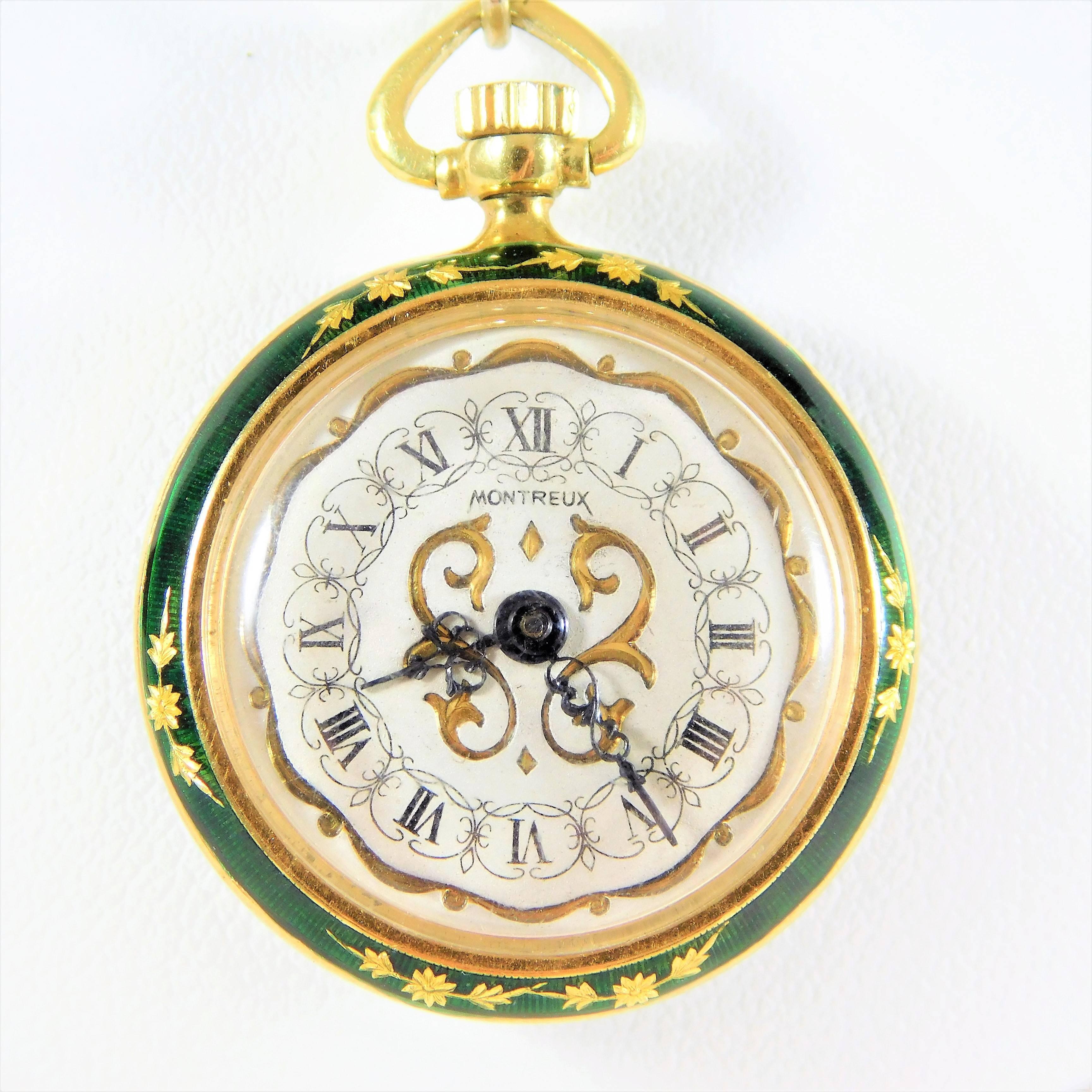 Victorian Ladies Yellow Gold Montreux Enamel Brooch Watch In Excellent Condition For Sale In Metairie, LA