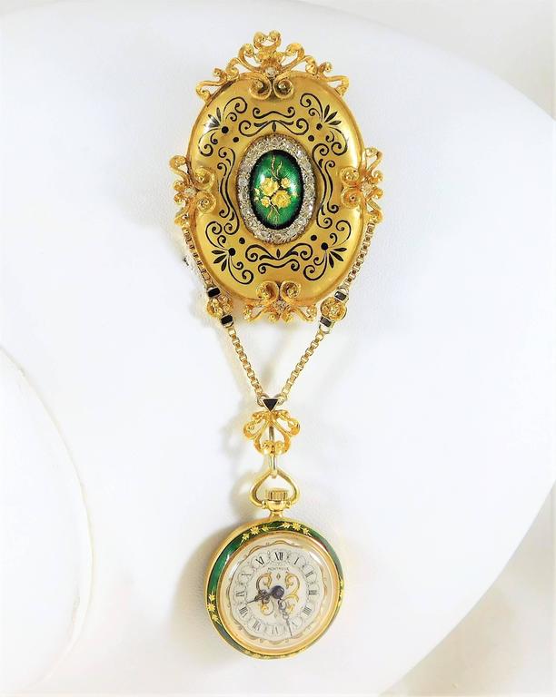 Victorian Ladies Yellow Gold Montreux Enamel Brooch Watch For Sale at