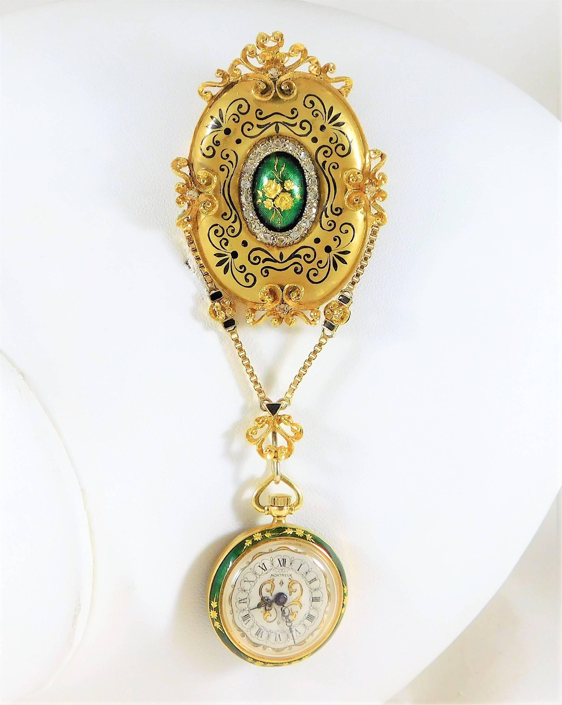 Victorian Ladies Yellow Gold Montreux Enamel Brooch Watch For Sale 1