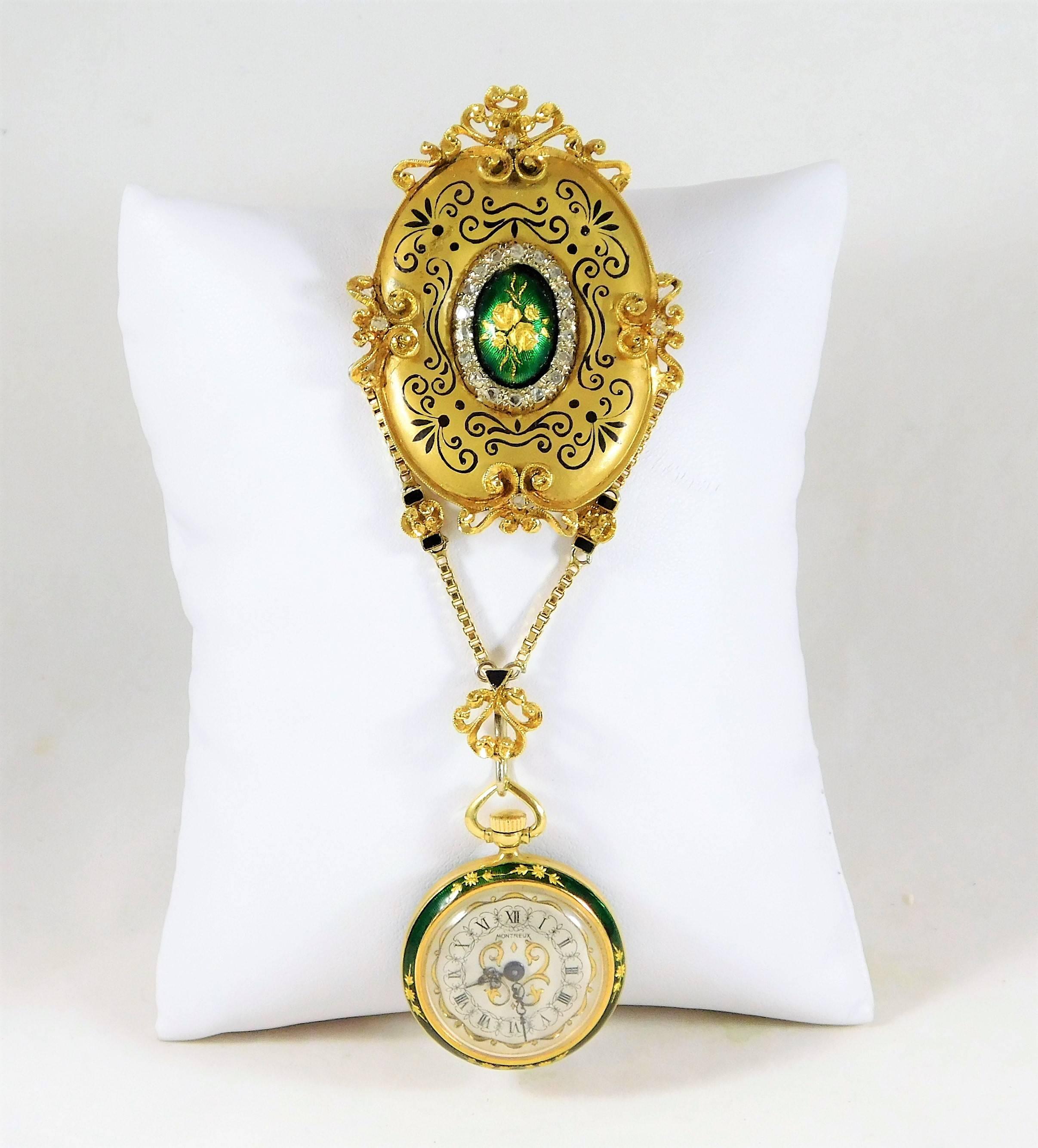 Victorian Ladies Yellow Gold Montreux Enamel Brooch Watch For Sale 2