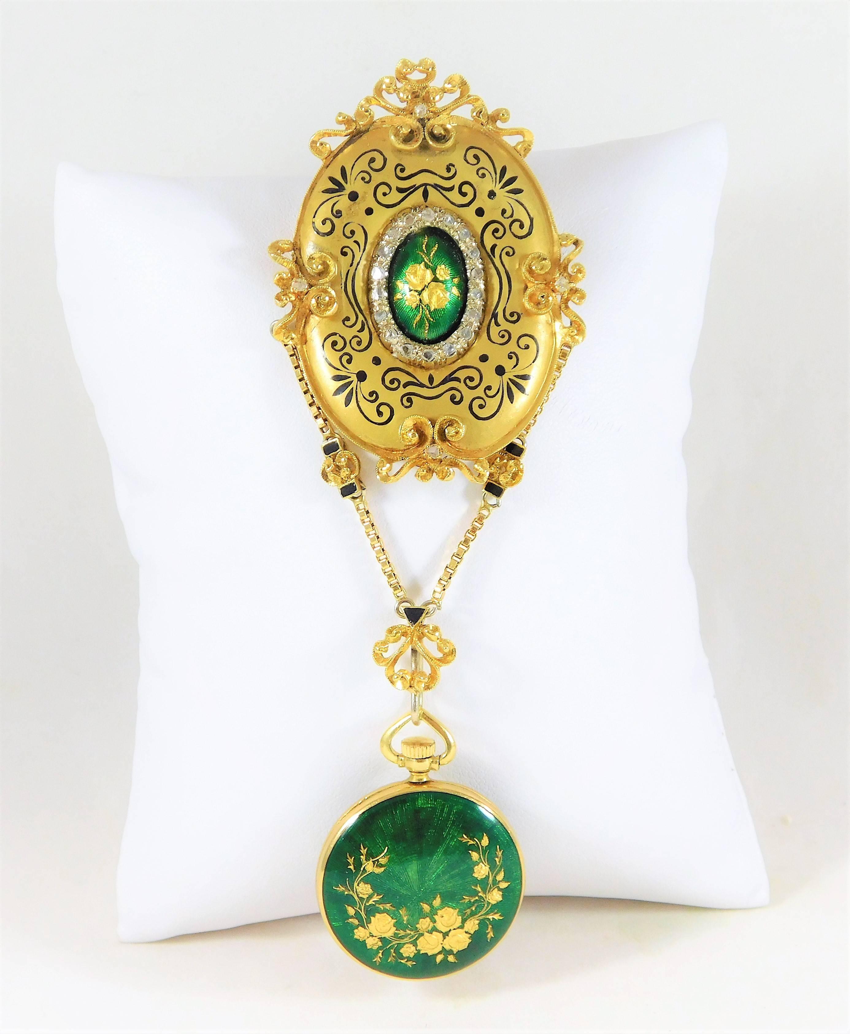 Victorian Ladies Yellow Gold Montreux Enamel Brooch Watch For Sale 3