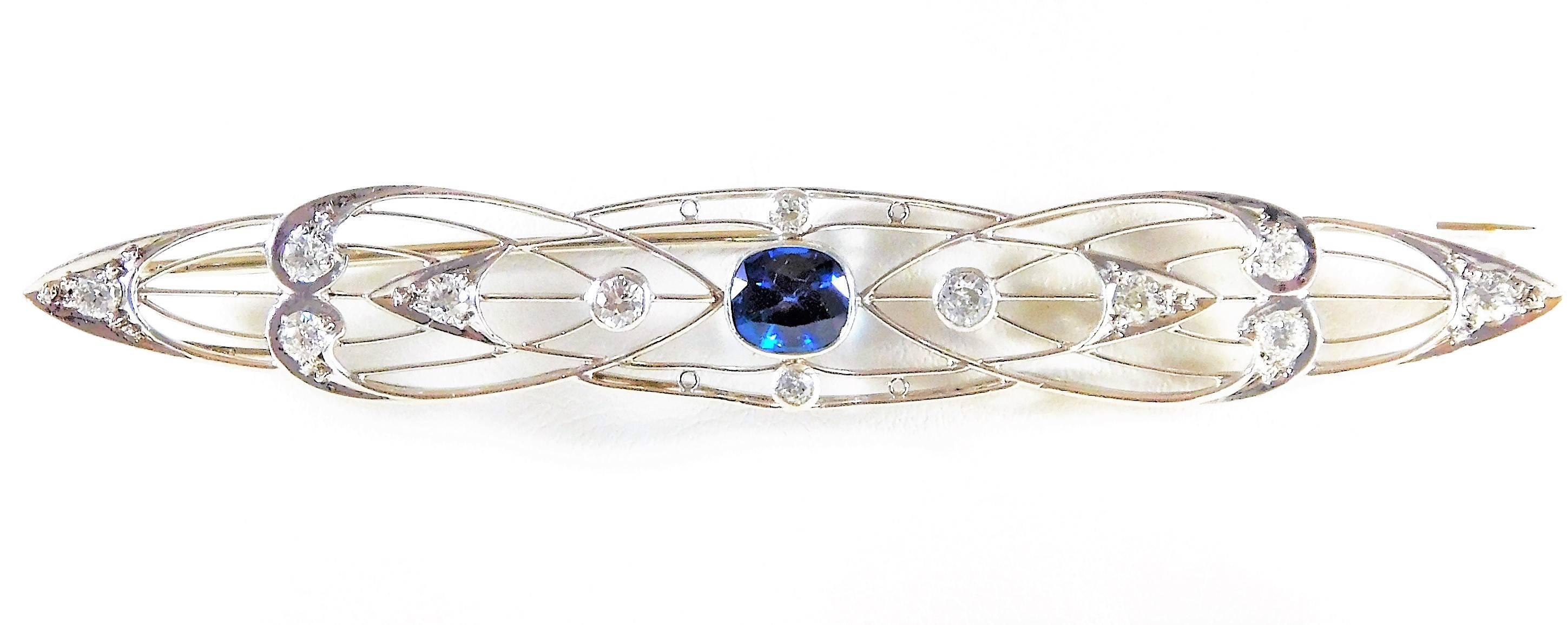 Edwardian Antique Platinum and Diamond Bar Pin with 1ct Sapphire

An estate piece. Antique bar pins were all the rage back in the early 1900’s. Much like brooches, bar pins have a bar hinged on one end with a locking mechanism on the other. They