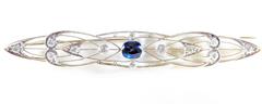 Edwardian Antique Diamond Platinum Bar Pin with 1 Carat Sapphire
