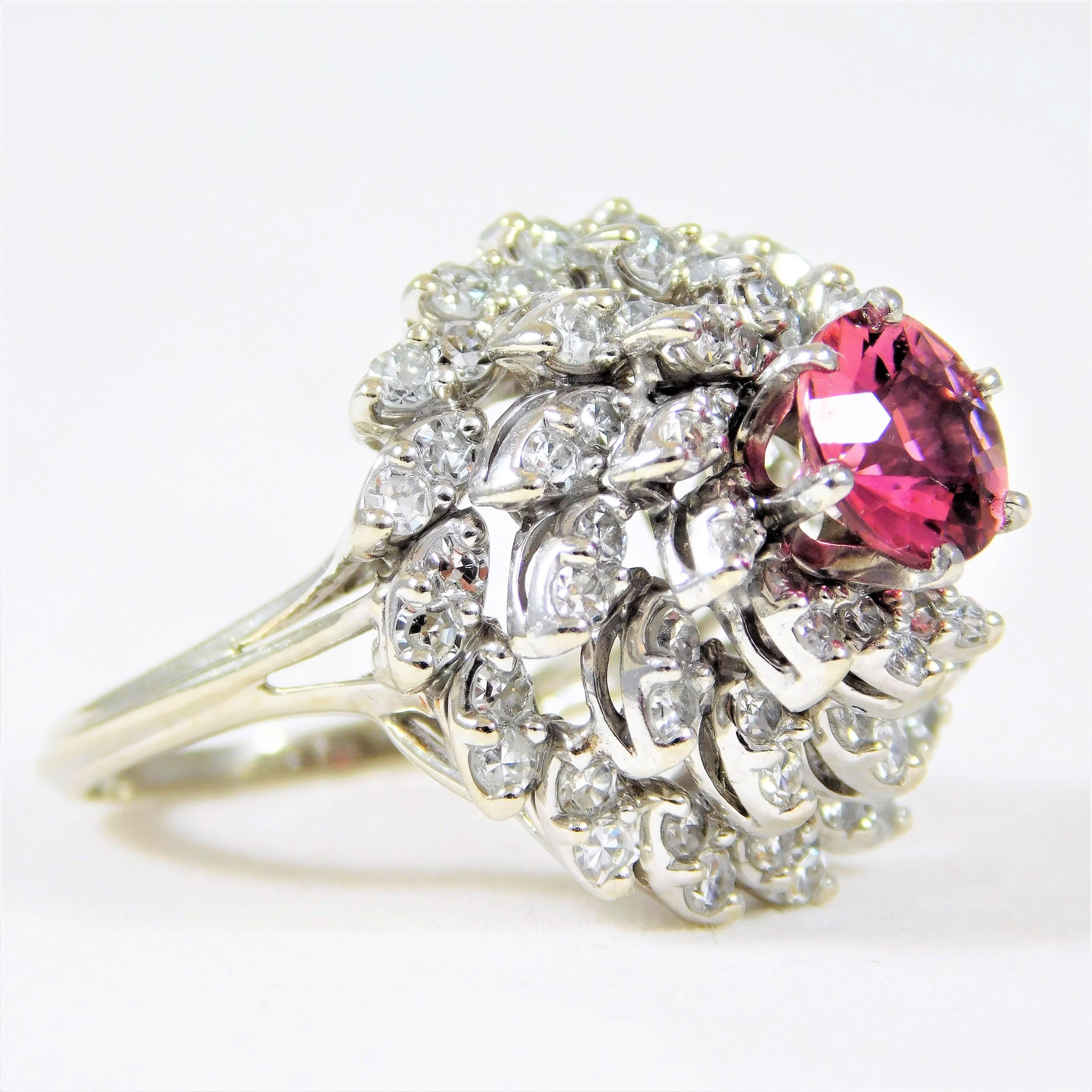 Pink Sapphire Diamond White Gold Cluster Ring In Excellent Condition For Sale In Metairie, LA
