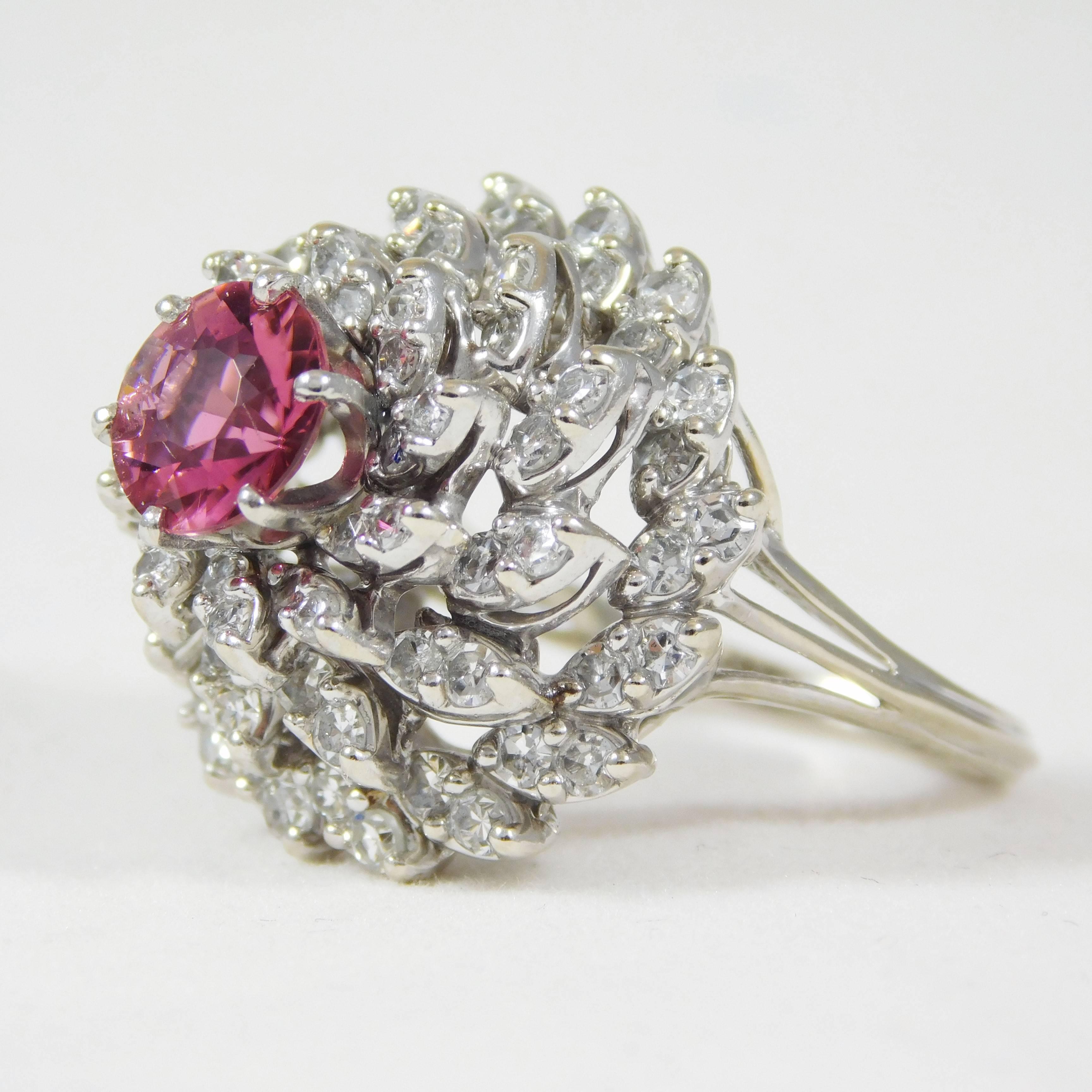 Women's Pink Sapphire Diamond White Gold Cluster Ring For Sale