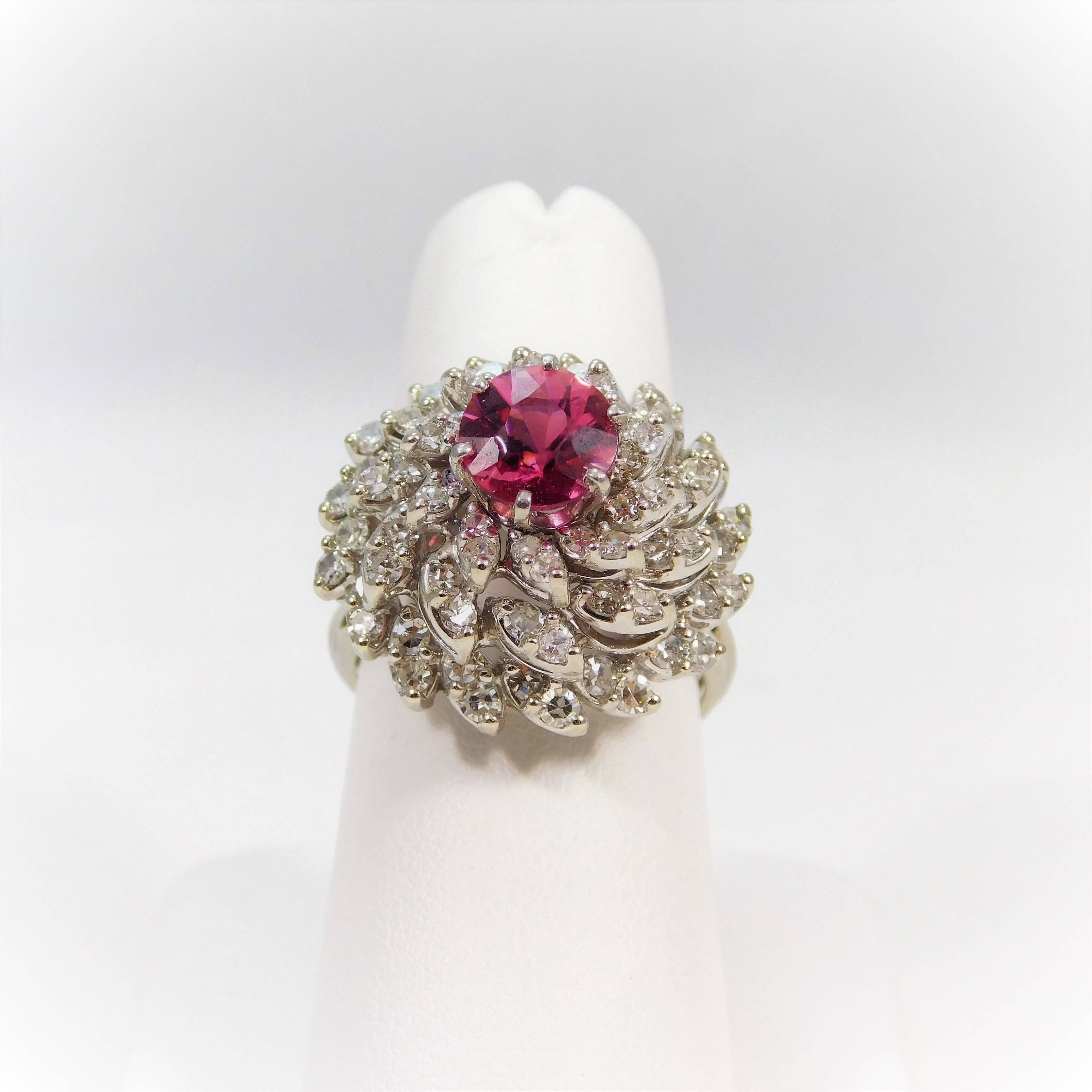 Pink Sapphire Diamond White Gold Cluster Ring For Sale 1