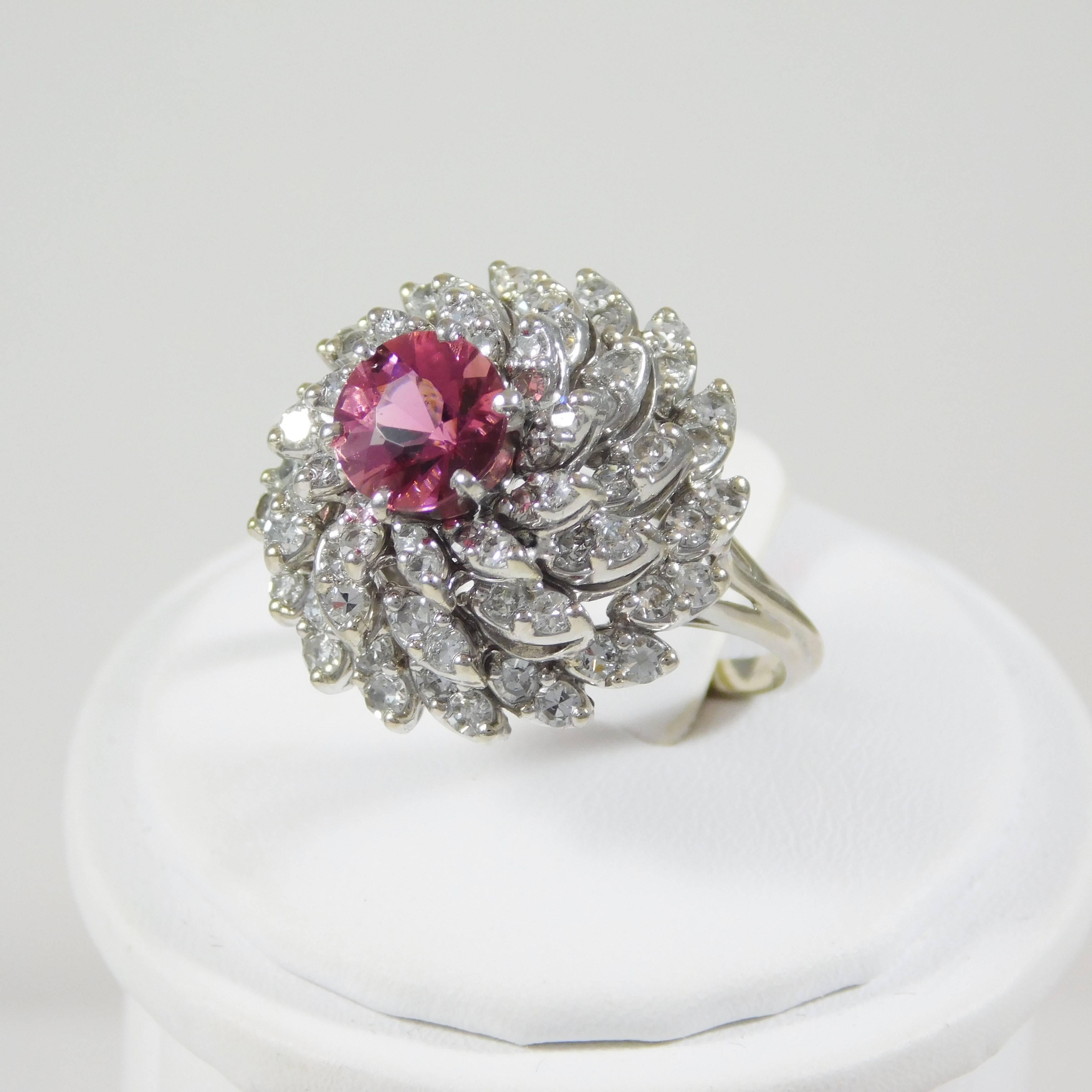 Pink Sapphire Diamond White Gold Cluster Ring For Sale 2