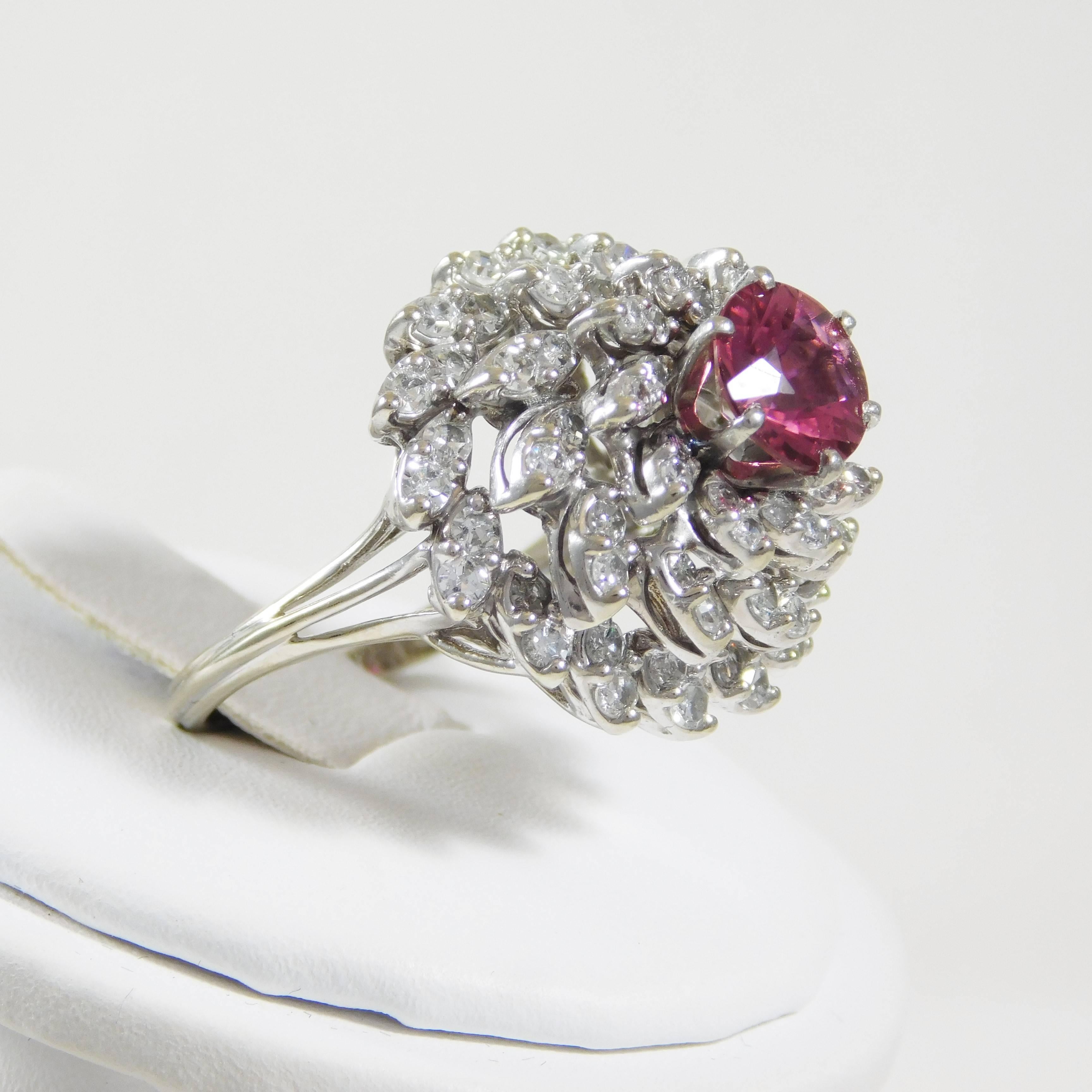 Pink Sapphire Diamond White Gold Cluster Ring For Sale 3