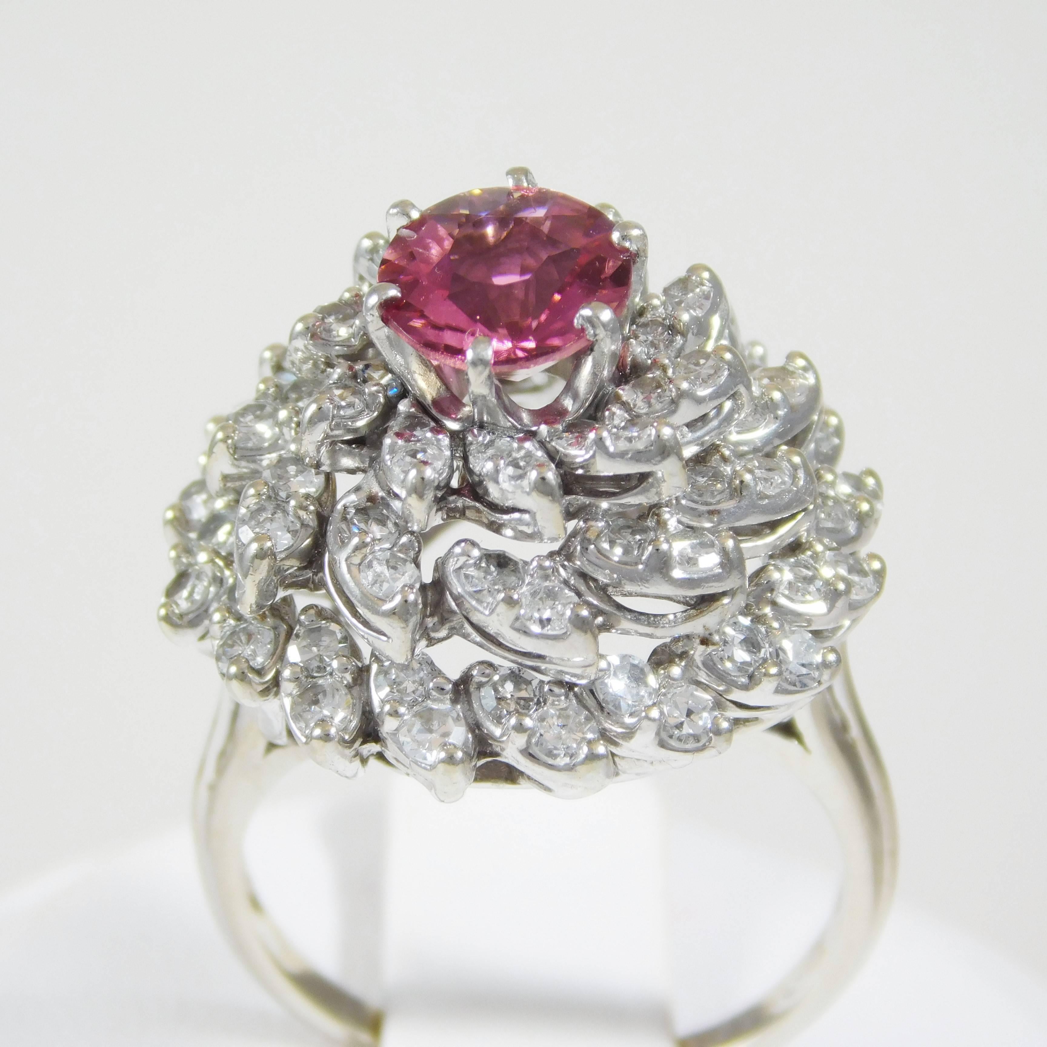 Pink Sapphire Diamond White Gold Cluster Ring For Sale 4