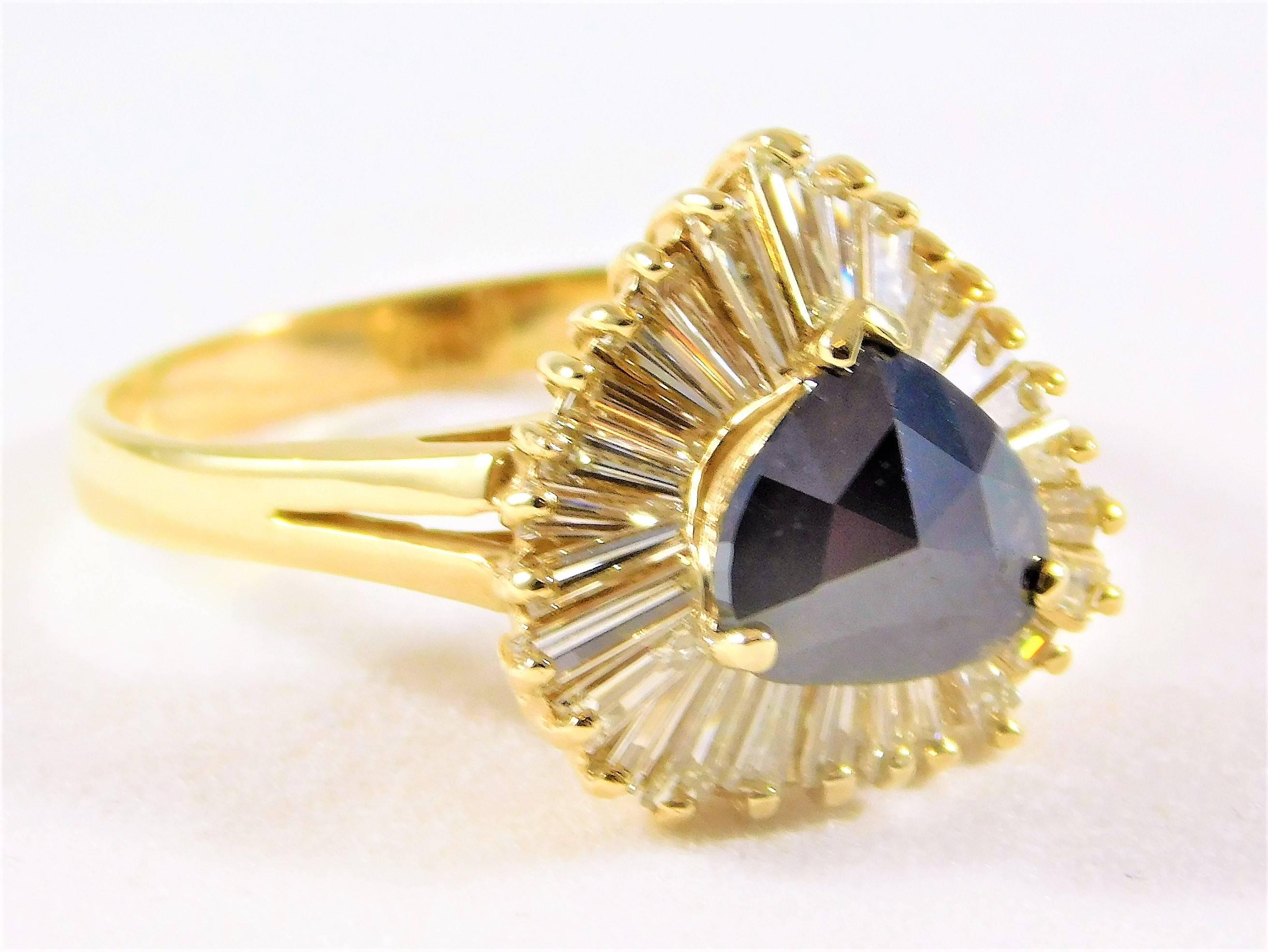 Deep Blue 2.25 Carat Sapphire Diamond Yellow Gold Ballerina Ring For Sale 5