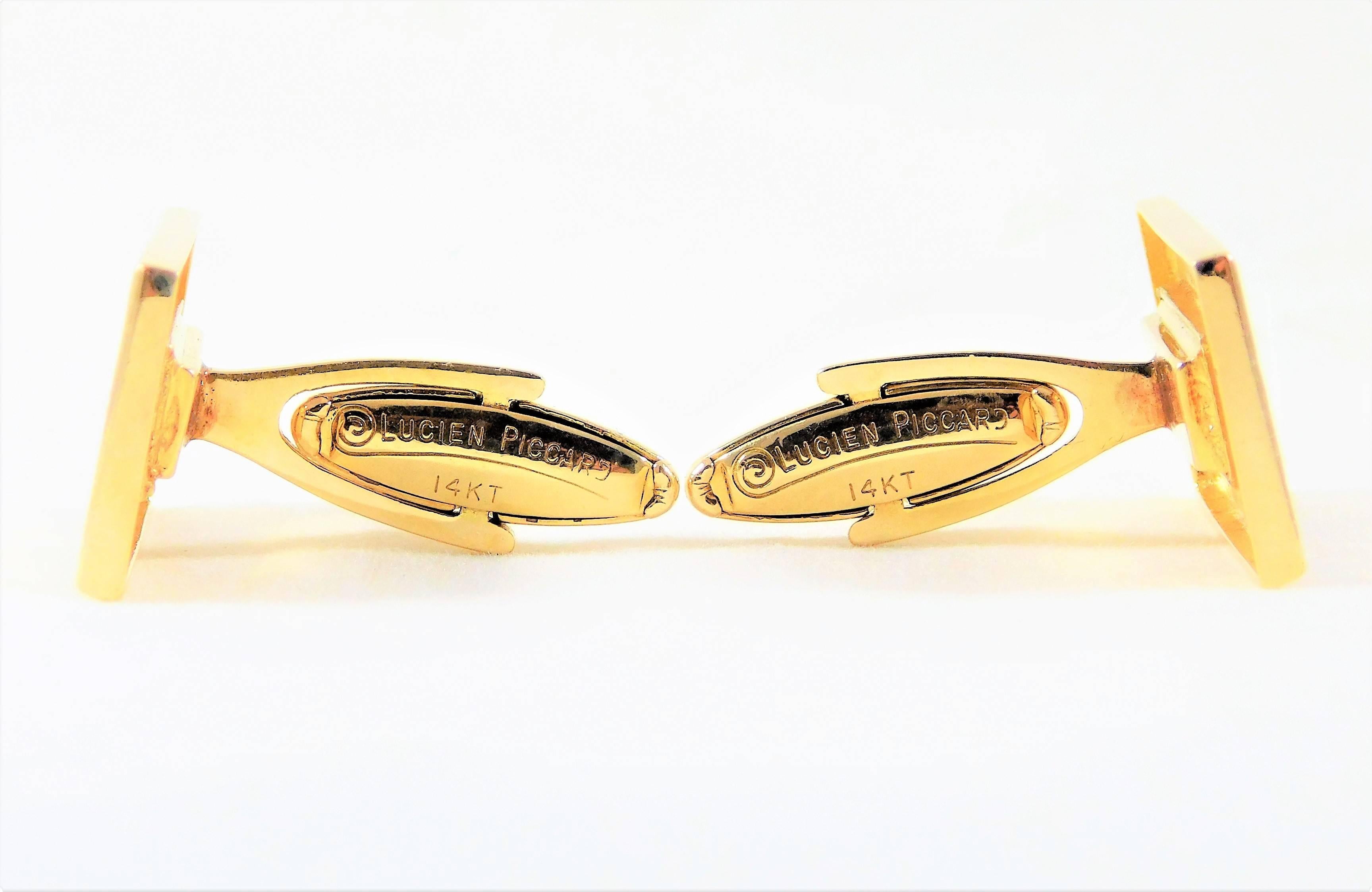 1960s Modernist Lucien Picard Sapphire Gold Cufflinks In Excellent Condition In Metairie, LA