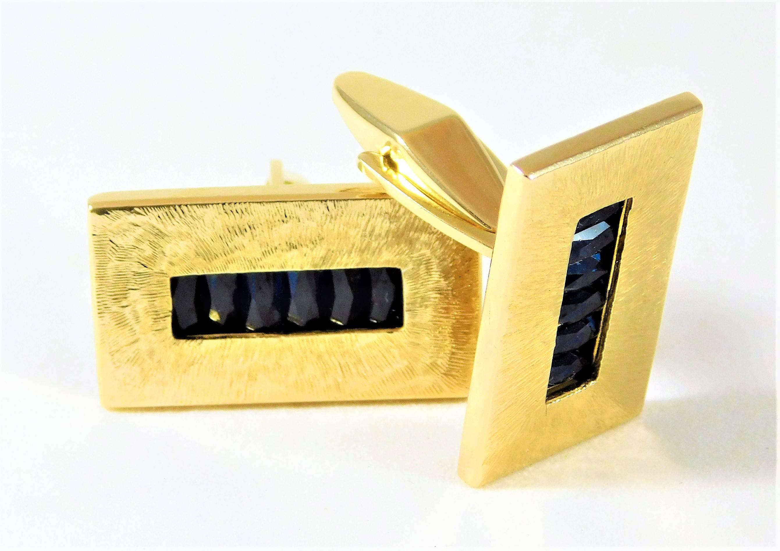 1960s Modernist Lucien Picard Sapphire Gold Cufflinks 1