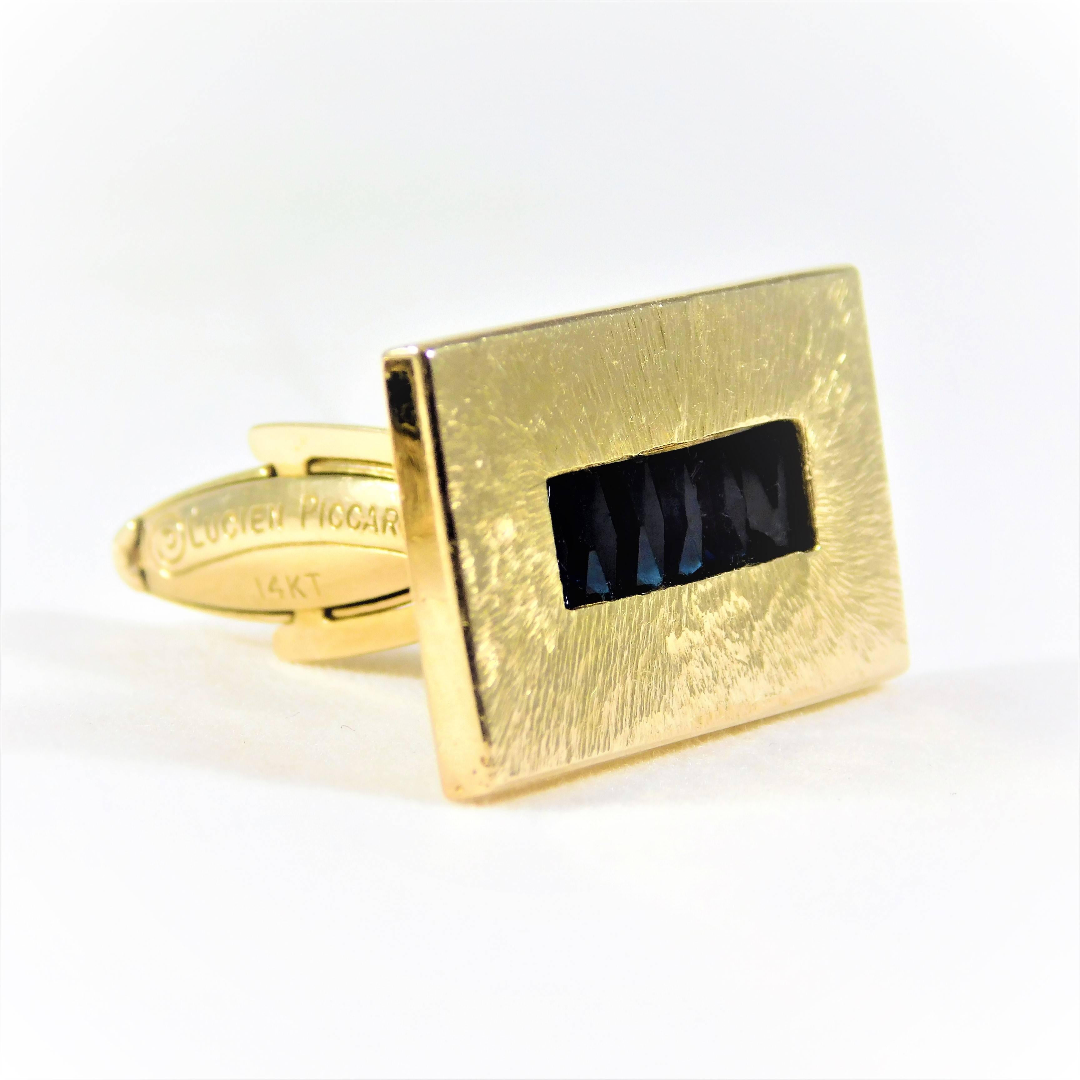 1960s Modernist Lucien Picard Sapphire Gold Cufflinks 4
