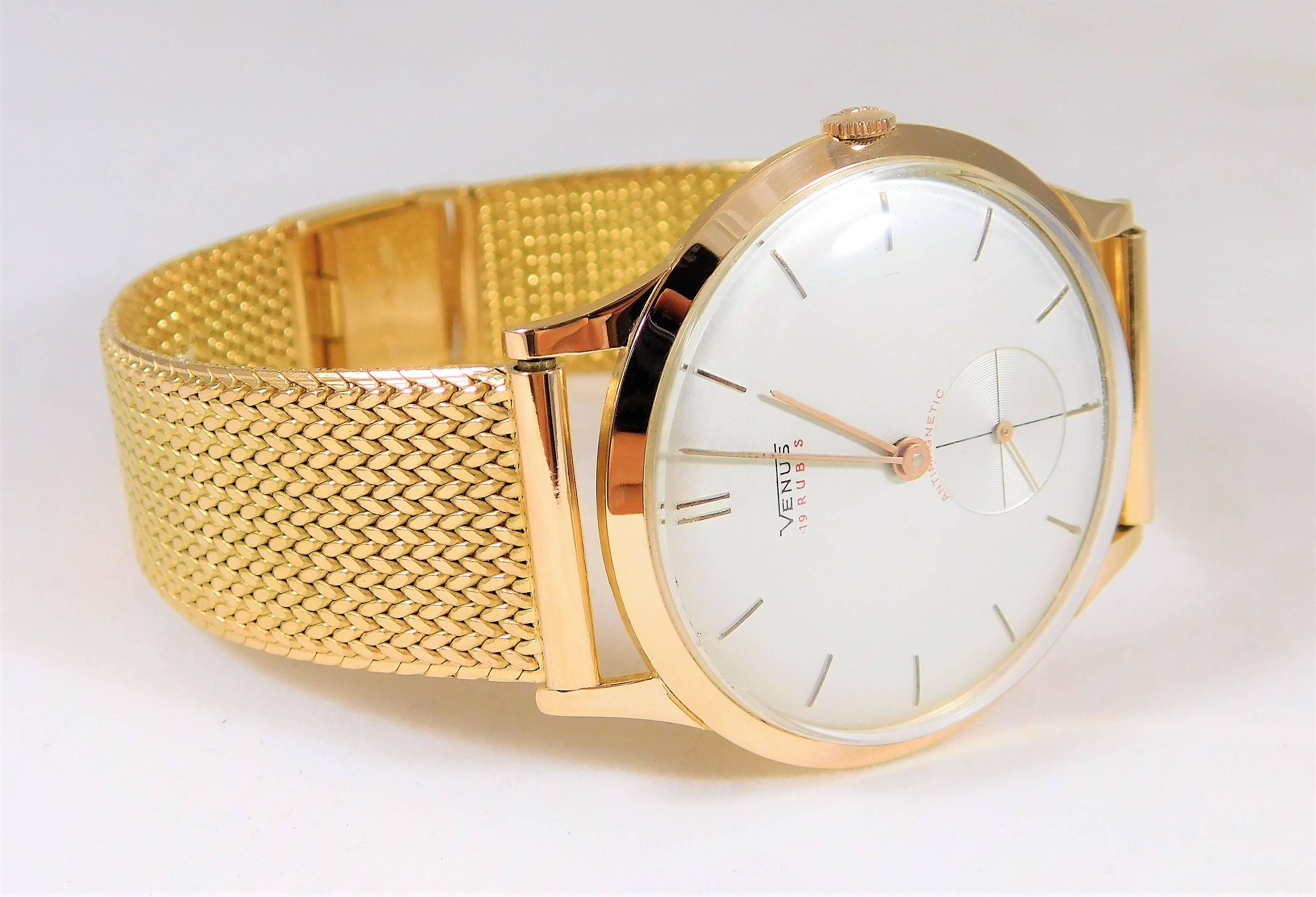 From a dapper Southern gentleman’s estate.  Circa 1970s.  This extremely rare vintage gentleman’s 18k gold Venus luxury timepiece is a watch collector's dream.  You will be hard pressed finding its equal anywhere. Founded in La Chaux-de-Fonds,