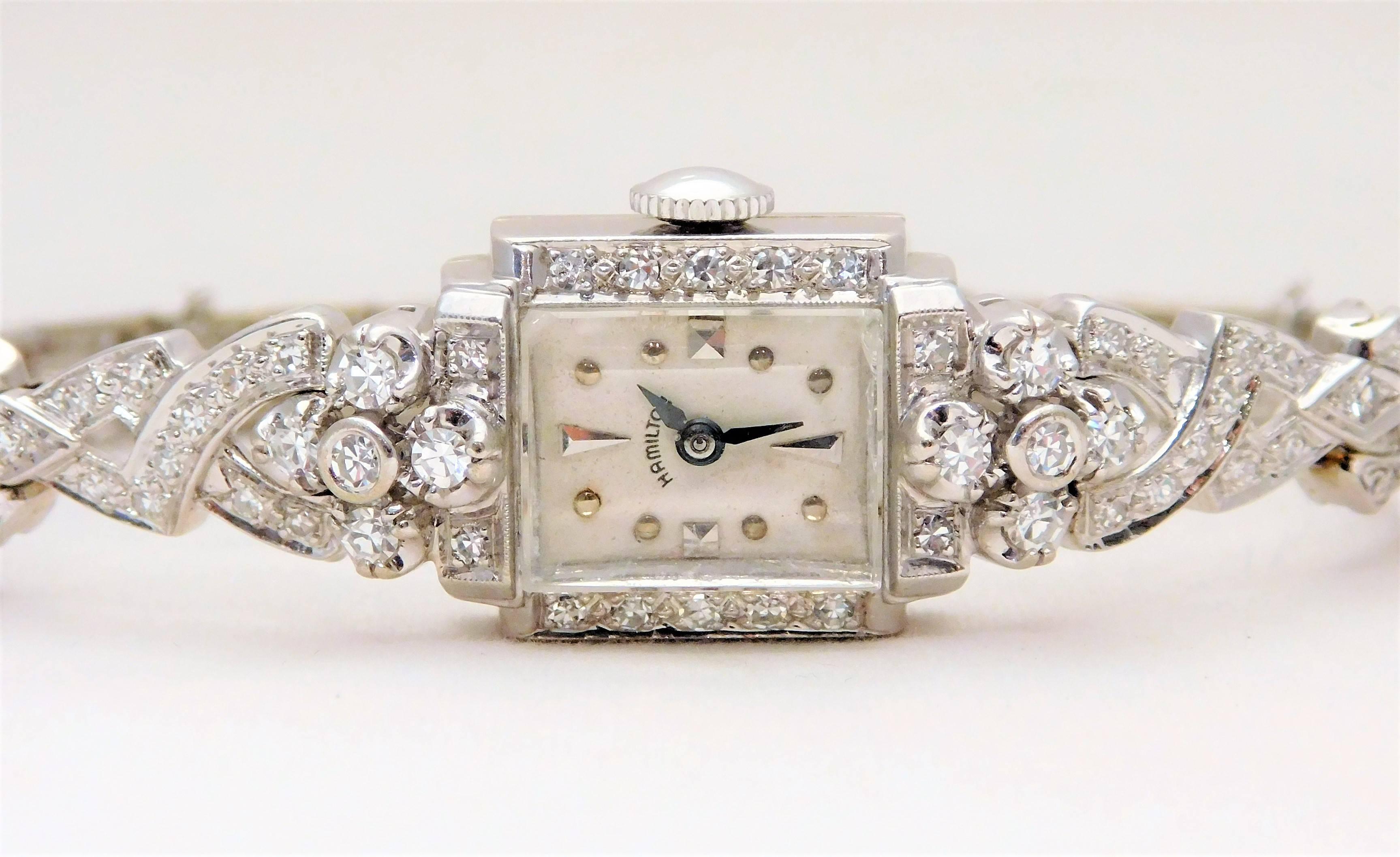 Hamilton Ladies White Gold Diamond Art Deco Luxury Manual Wristwatch In Excellent Condition In Metairie, LA