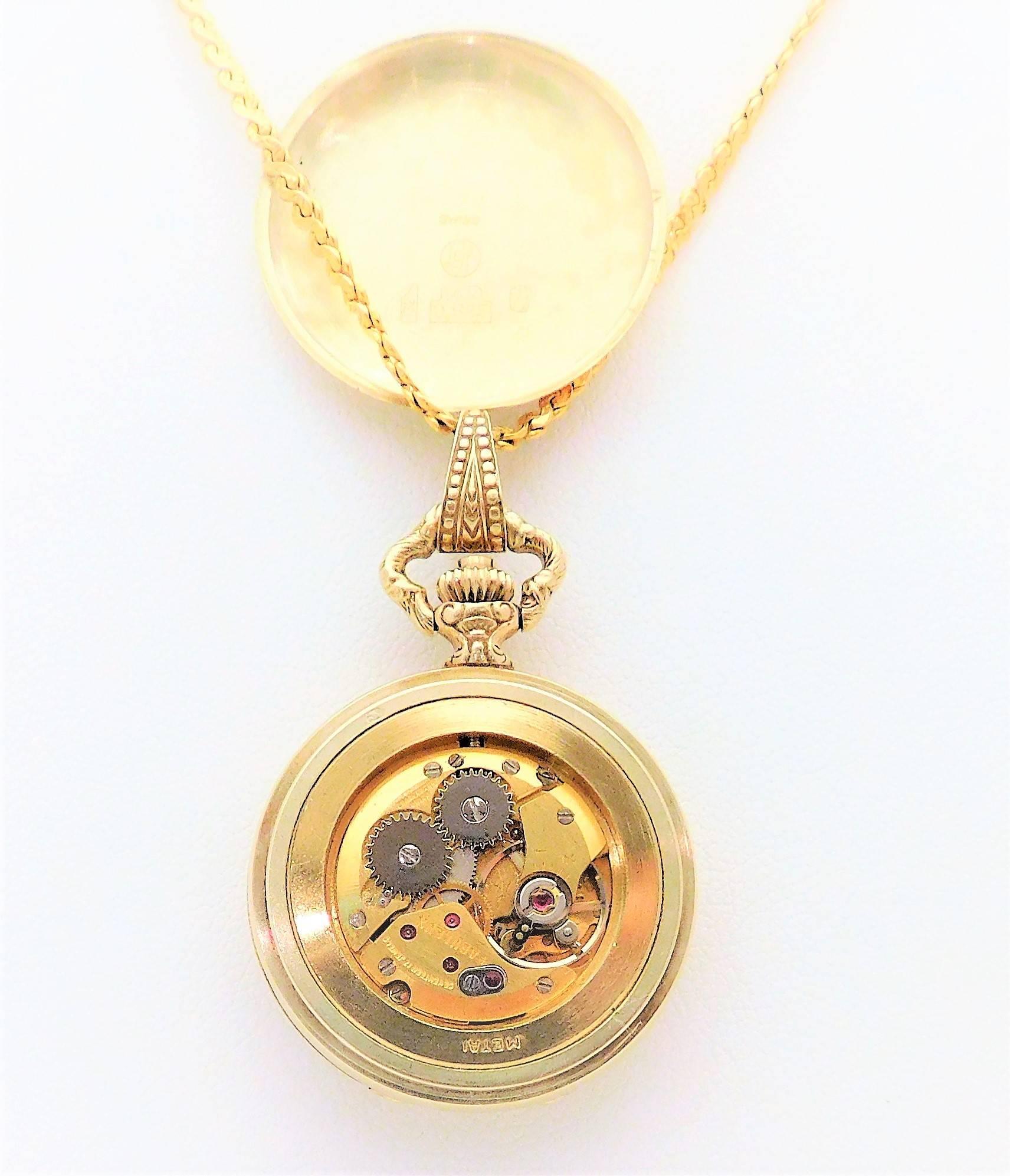 Le Soir Yellow Gold Antique Pocket Watch Pendant Necklace In Excellent Condition For Sale In Metairie, LA