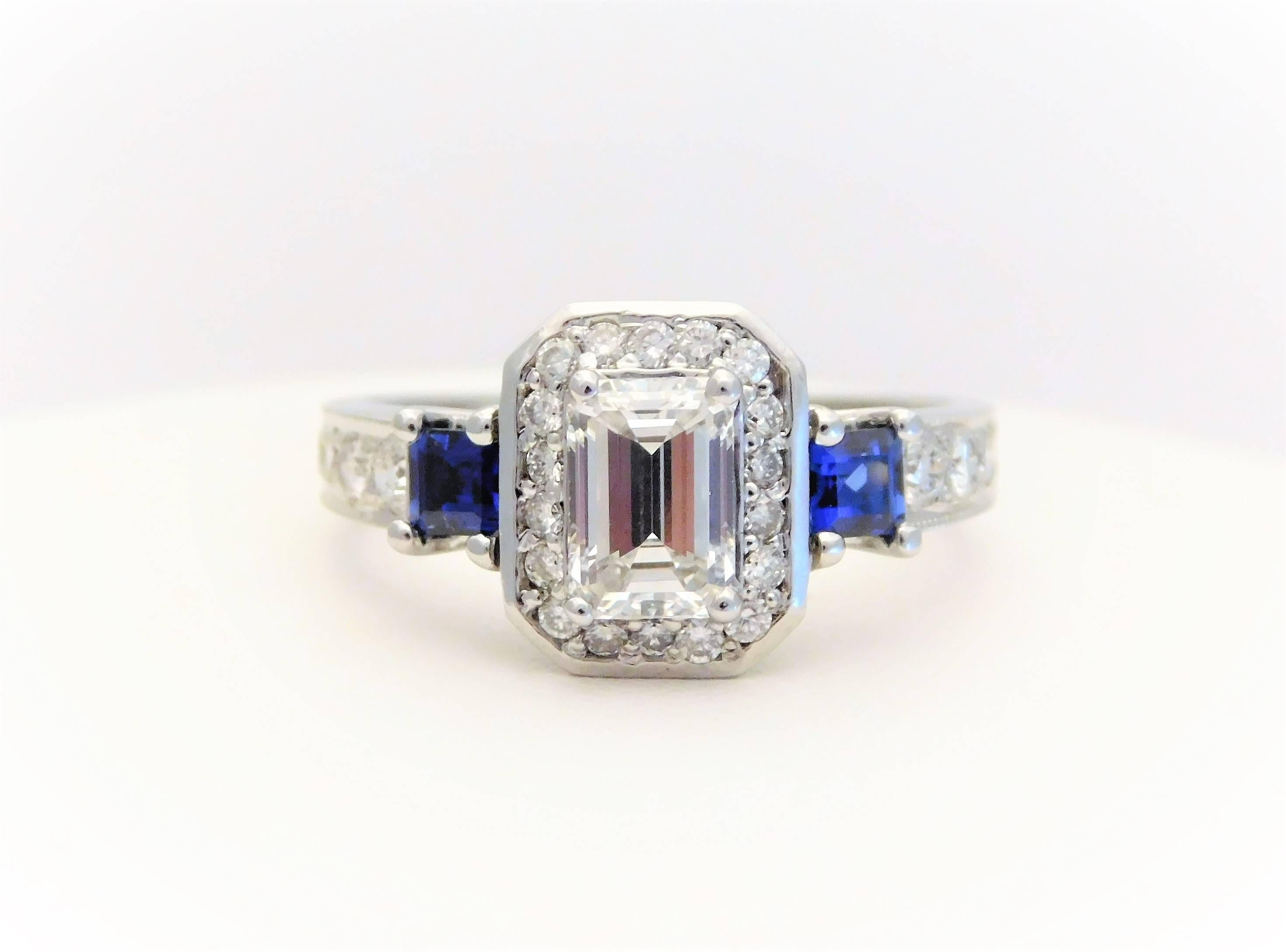 Art Deco GIA Certified 14 Karat Emerald-Cut Diamond and Ceylon Sapphire Engagement Ring For Sale