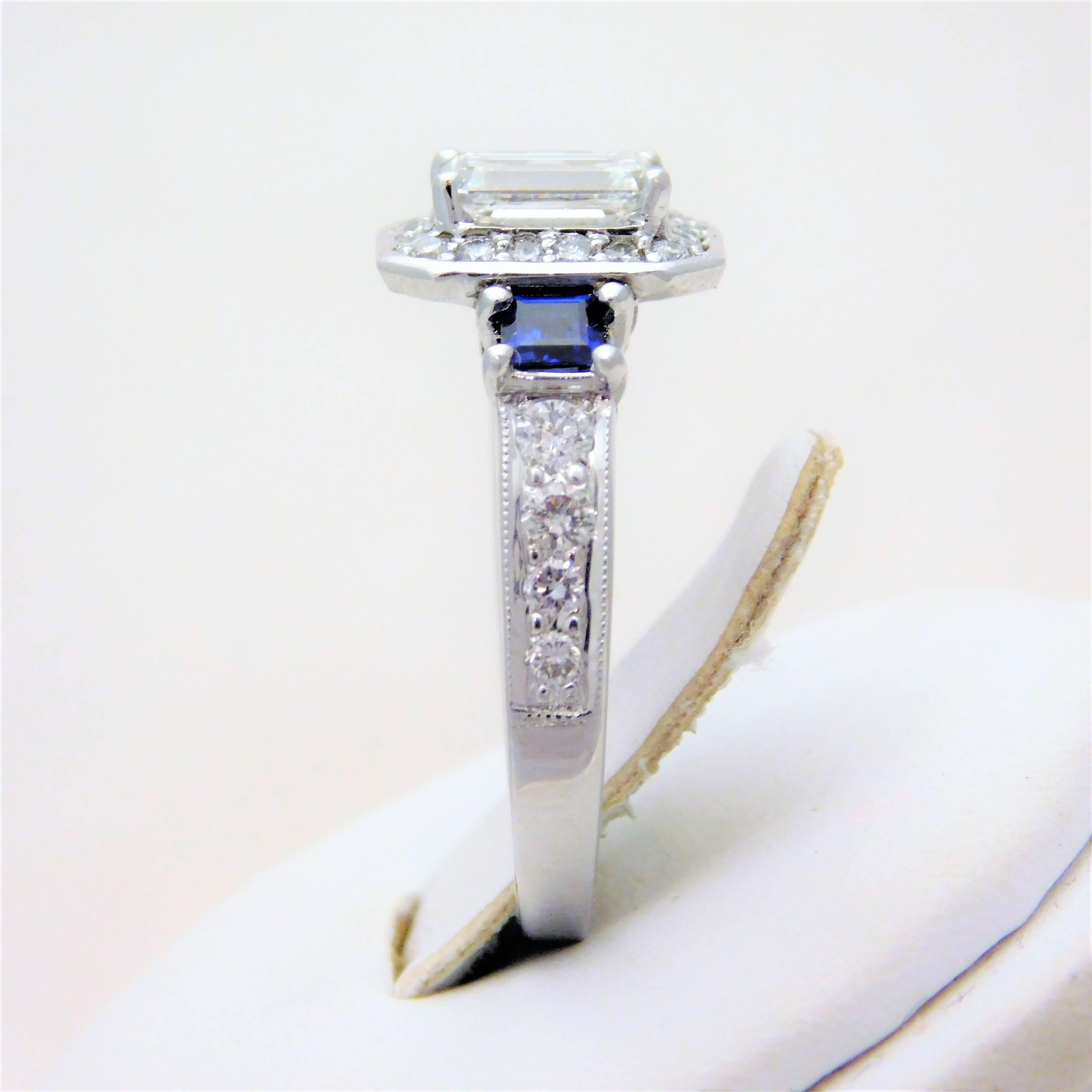 GIA Certified 14 Karat Emerald-Cut Diamond and Ceylon Sapphire Engagement Ring In Excellent Condition For Sale In Metairie, LA