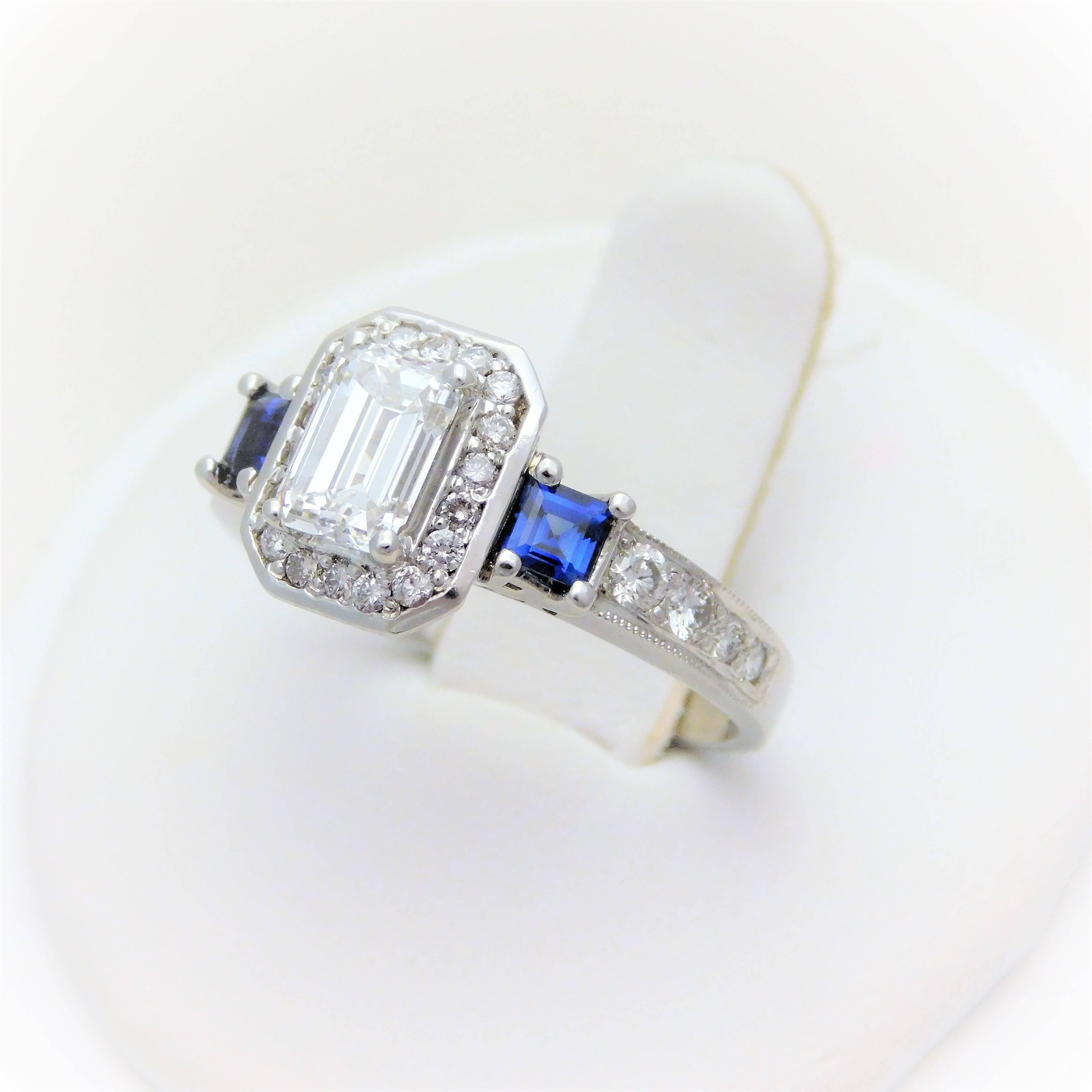 Women's GIA Certified 14 Karat Emerald-Cut Diamond and Ceylon Sapphire Engagement Ring For Sale