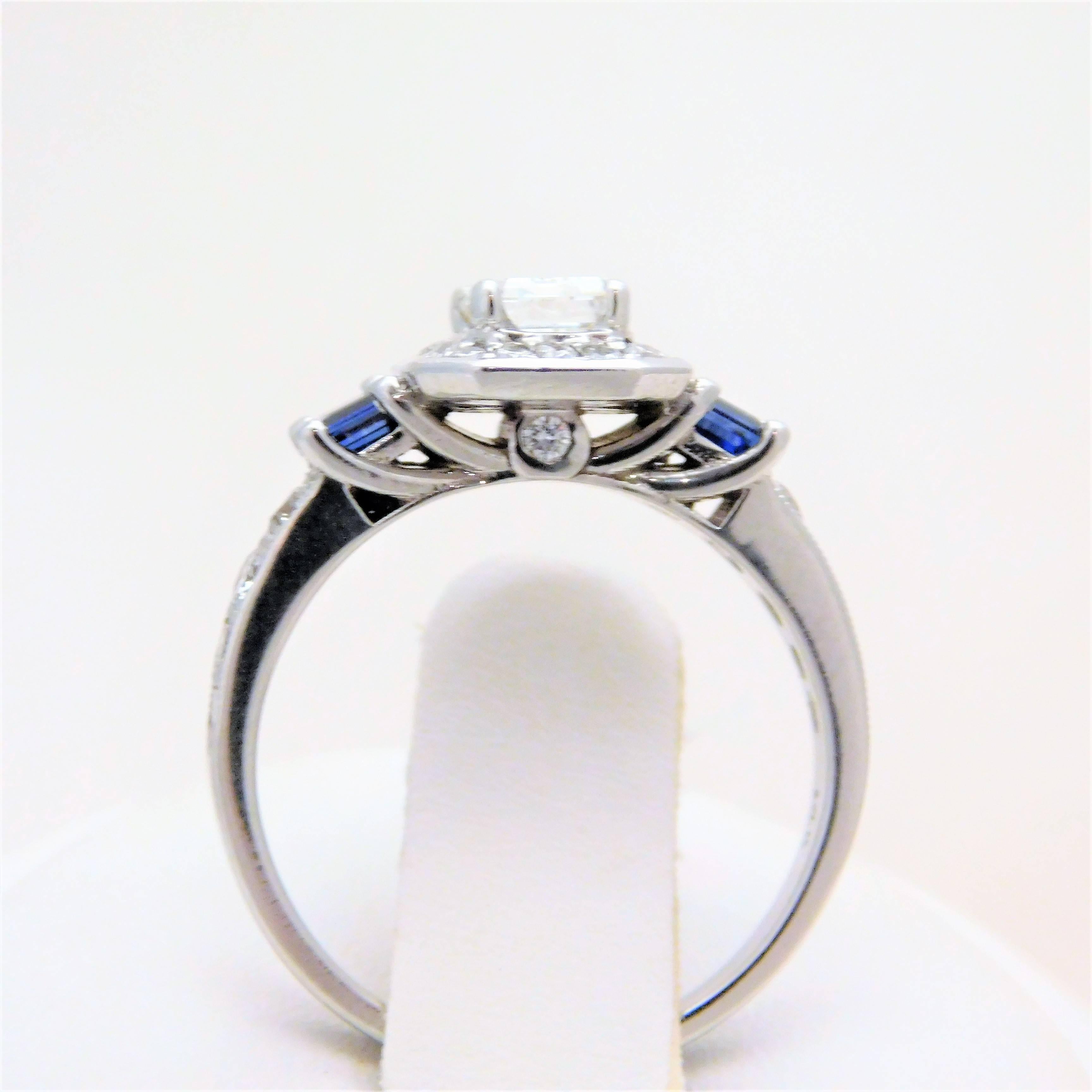 GIA Certified 14 Karat Emerald-Cut Diamond and Ceylon Sapphire Engagement Ring For Sale 4