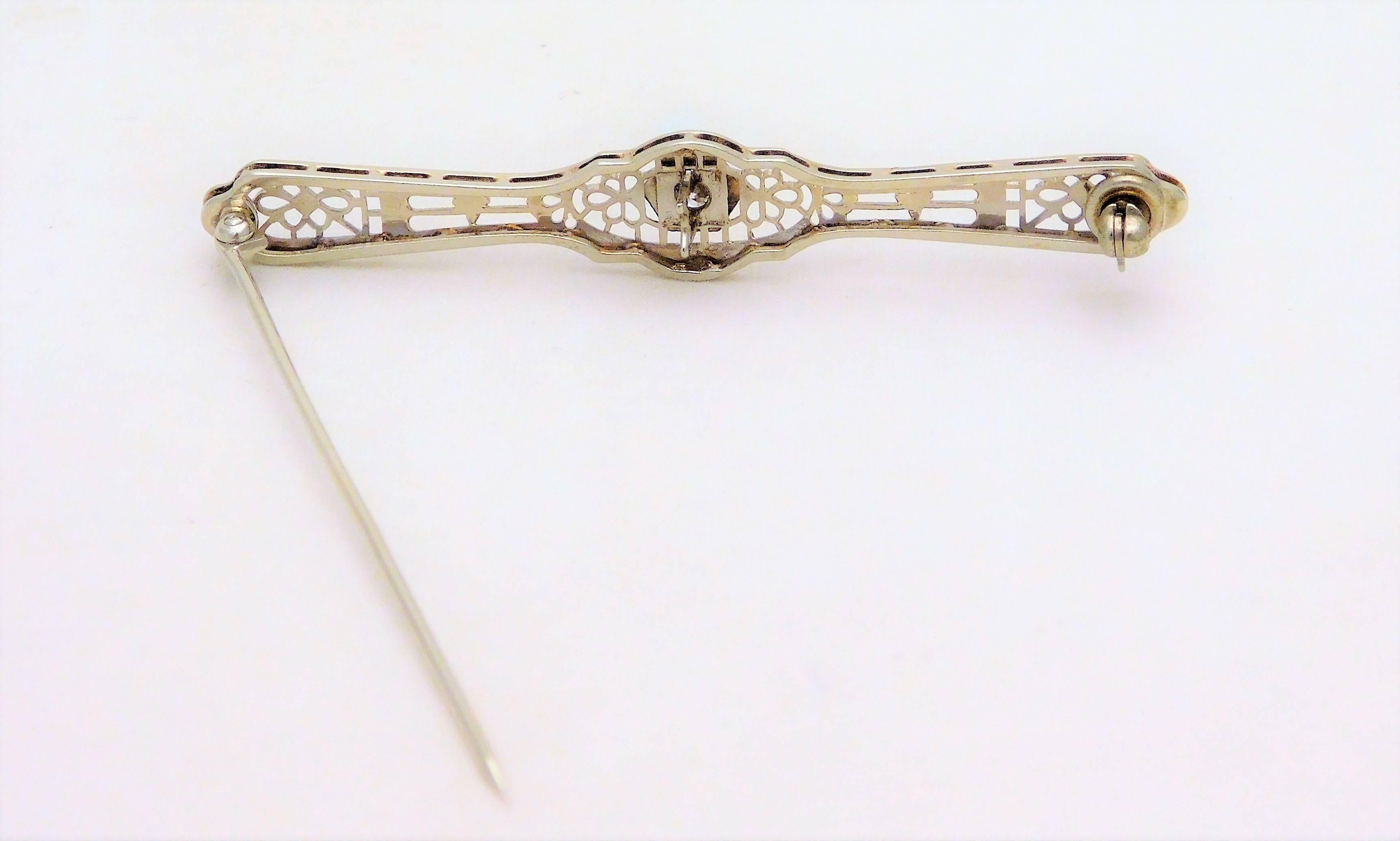 Edwardian 10 Karat White Gold and Diamond Bar Pin 1