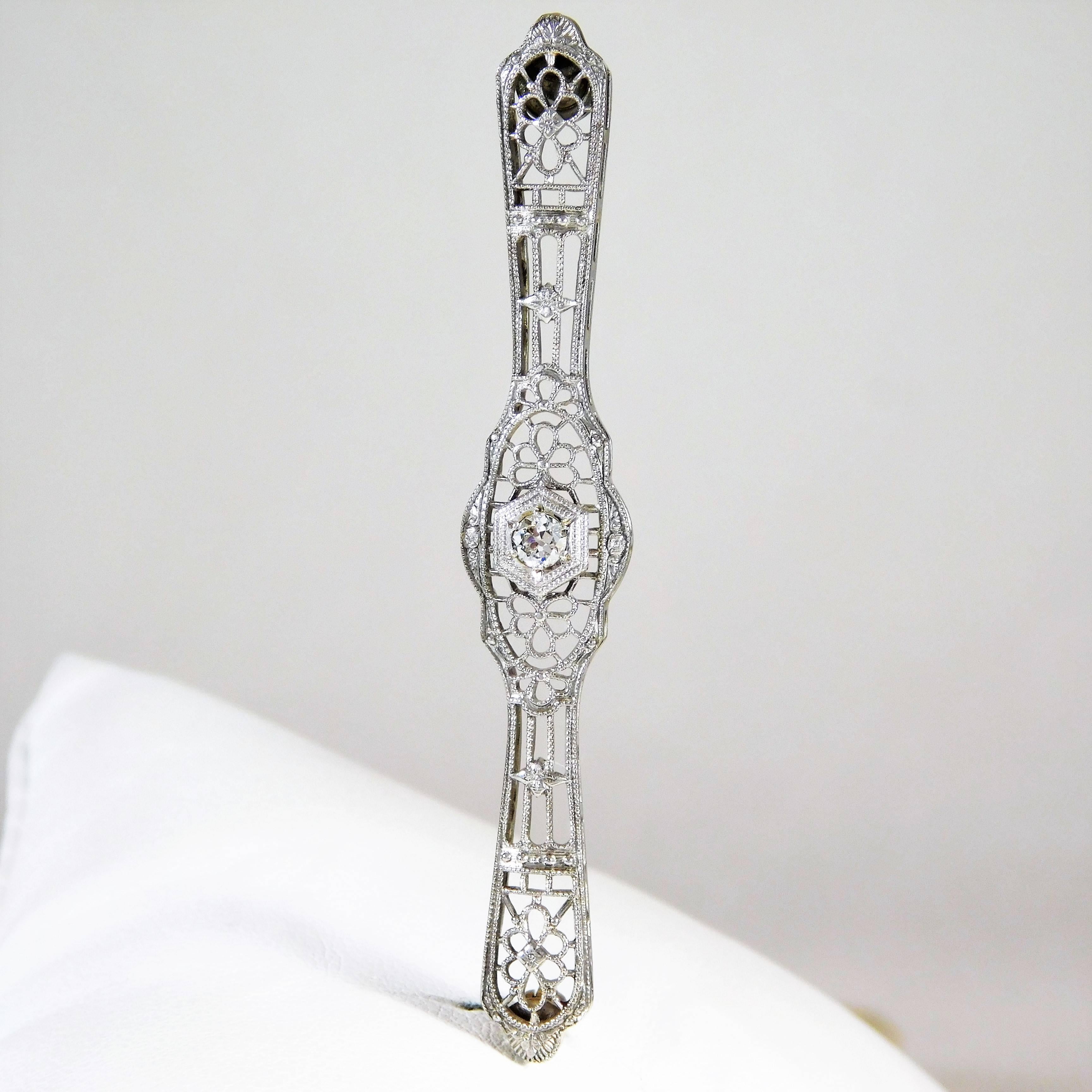 Edwardian 10 Karat White Gold and Diamond Bar Pin 3