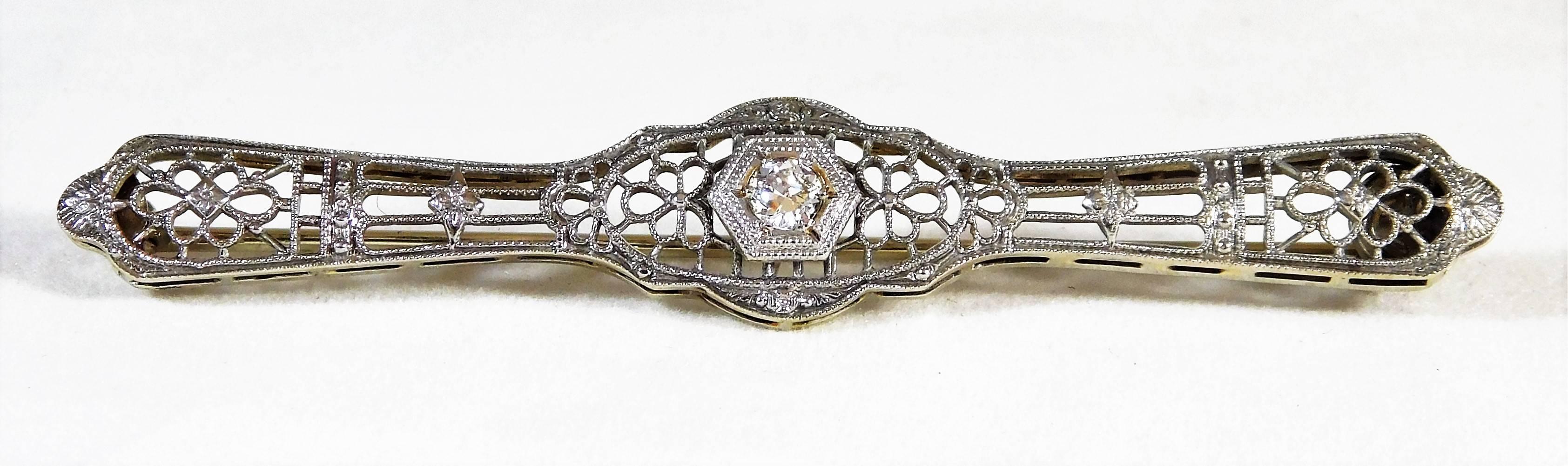 Edwardian 10 Karat White Gold and Diamond Bar Pin 4