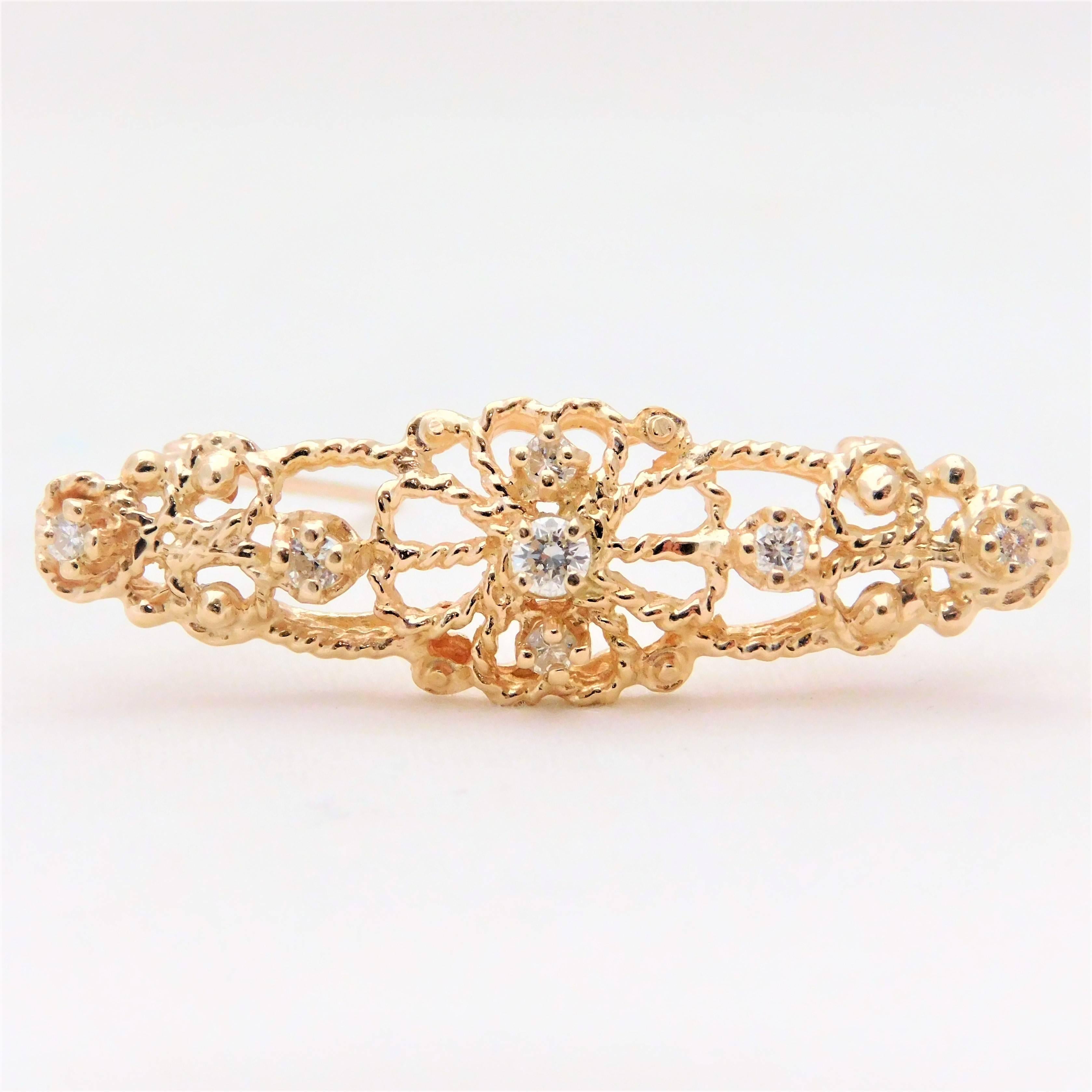 Gorgeous Victorian Style 14 Karat Gold and Diamond Bar Pin In Excellent Condition In Metairie, LA