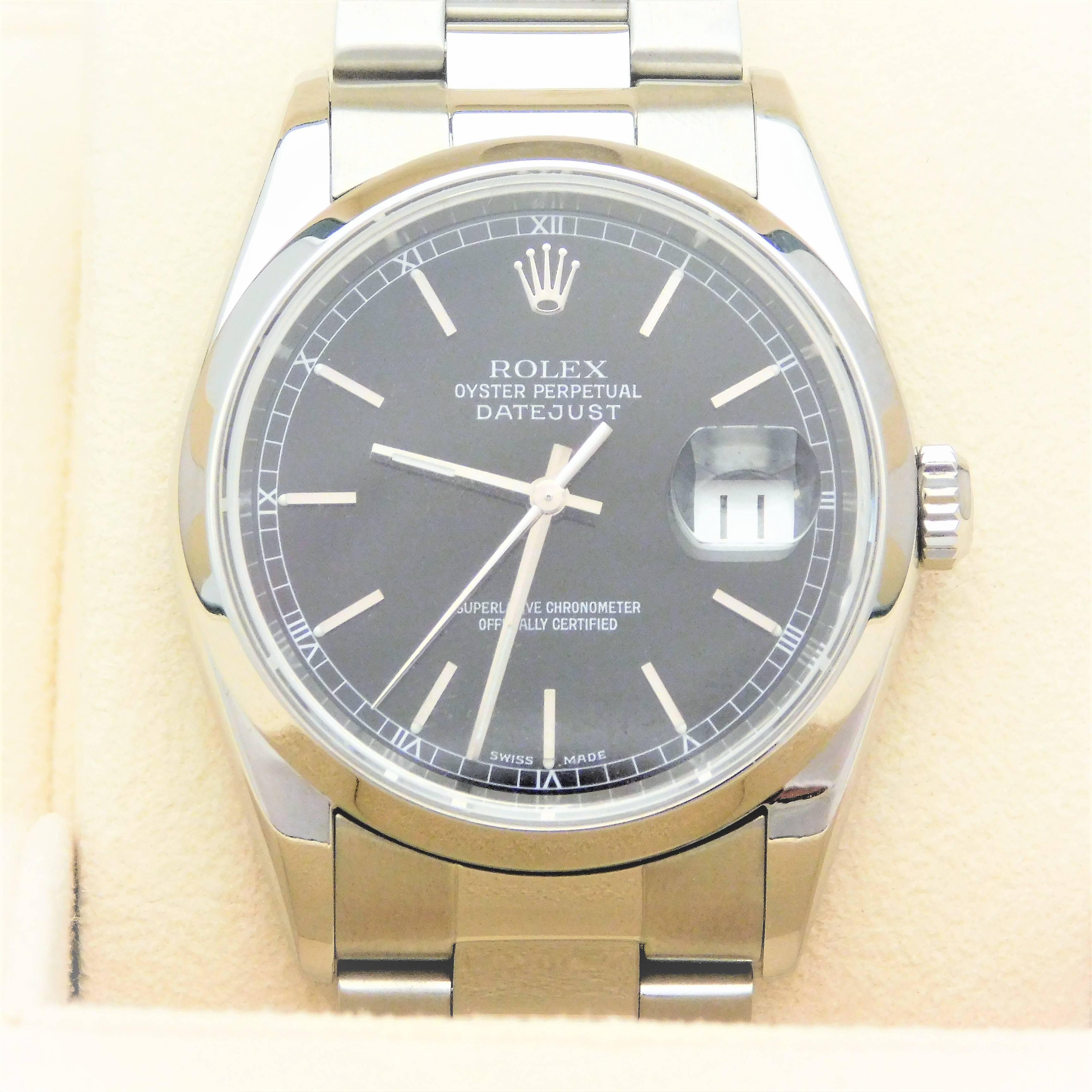 Circa 2005.  Excellent condition and barely worn.  This Rolex Oyster Perpetual Date Just is in perfect working order.  The Rolex Date Oyster Perpetual is one of the most sought-after men’s luxury time pieces in the world.  It is a symbol of status. 