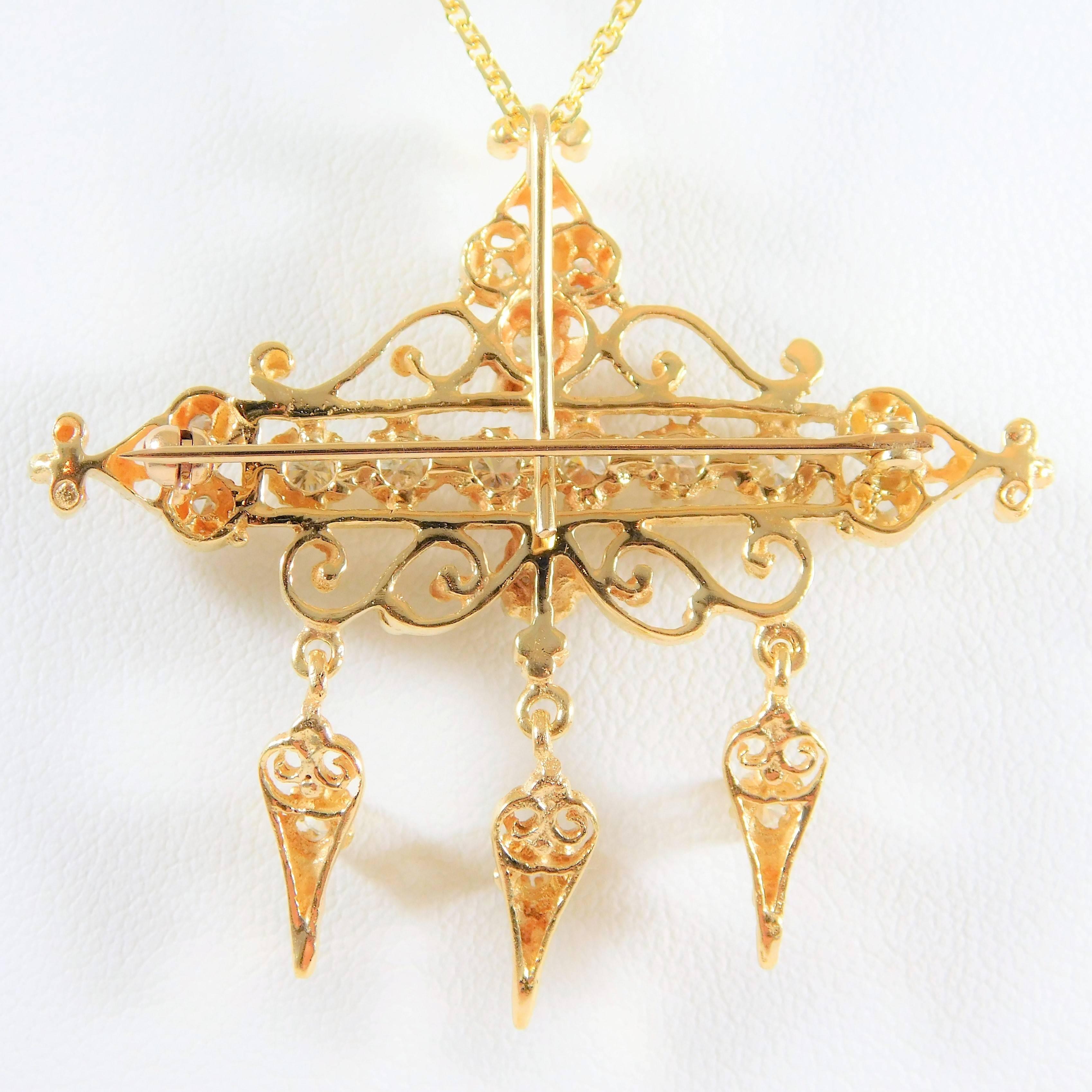 Antique 14 Karat Gold and Diamond Brooch Pendant In Excellent Condition In Metairie, LA