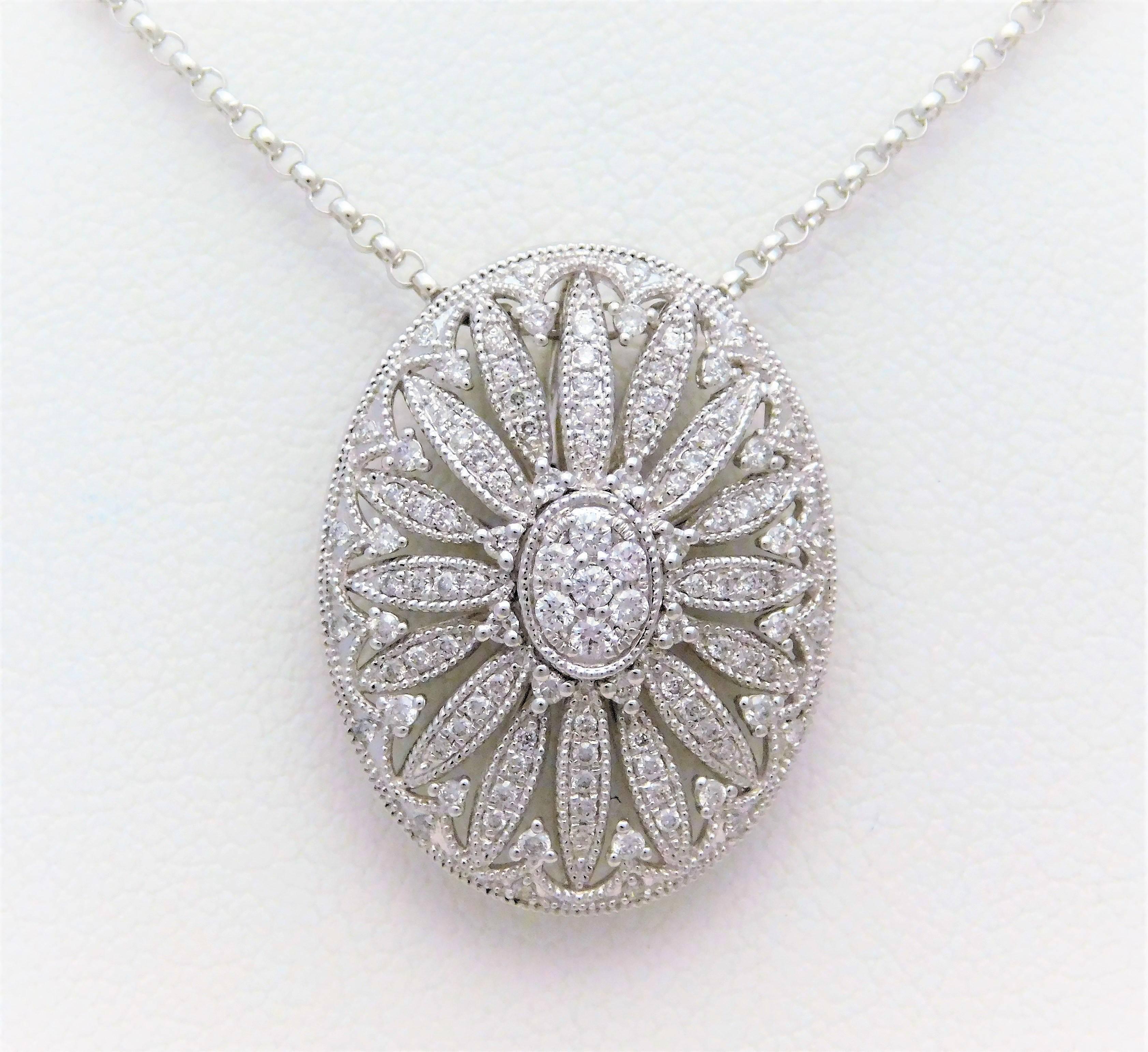 14 Karat White Gold Diamond Oval Pendant Necklace with Diamond Chain In New Condition In Metairie, LA