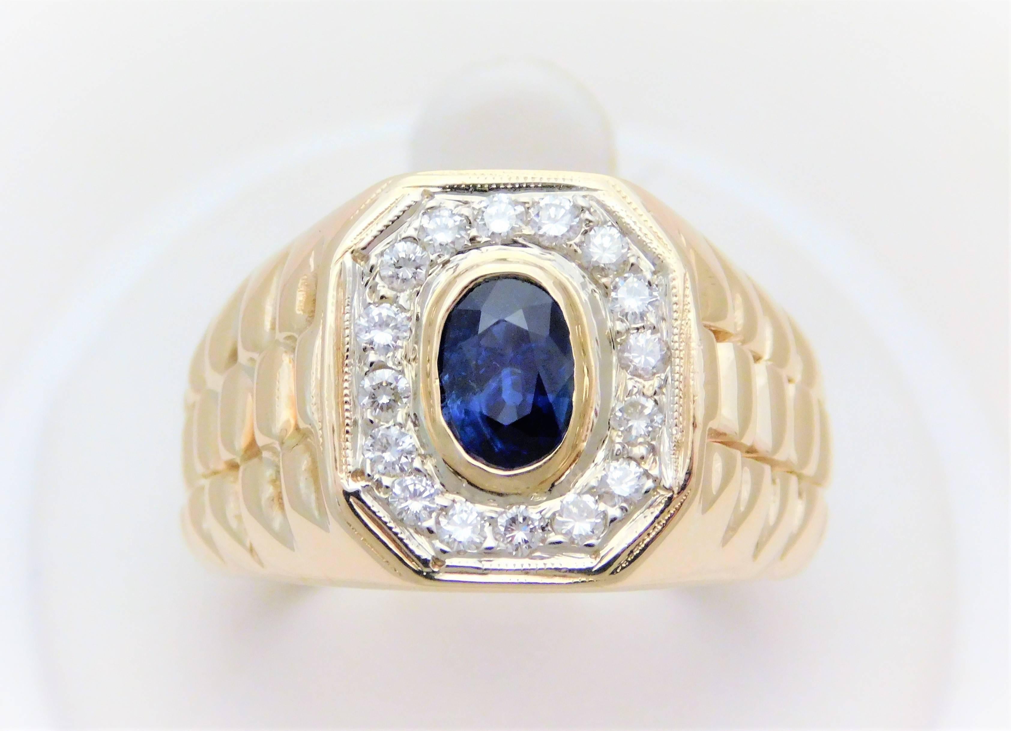 Gents Stately 14 Karat Gold Diamond and Ceylon Sapphire Ring In Excellent Condition For Sale In Metairie, LA