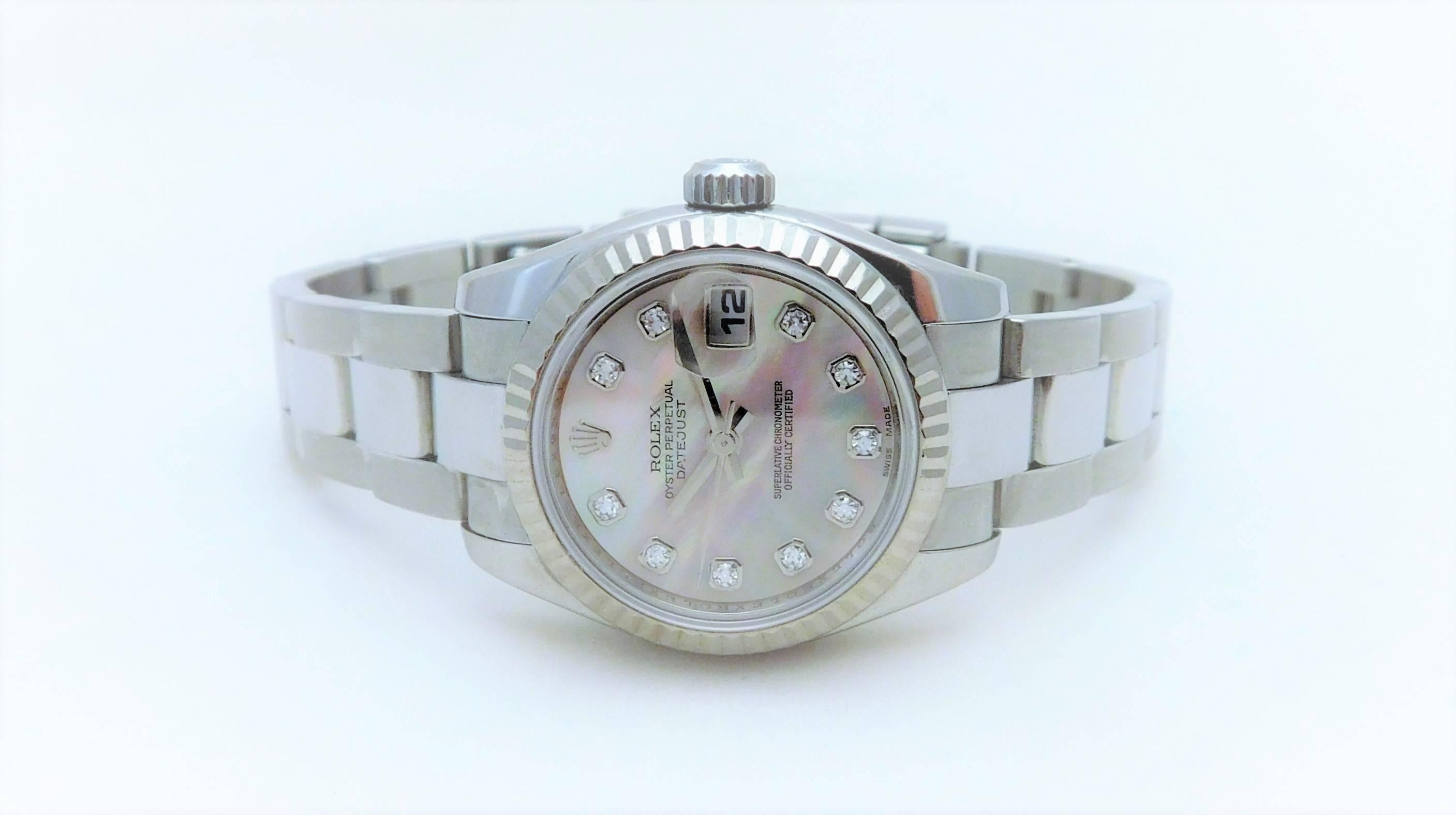 This Ladies Rolex Oyster Perpetual DateJust is in near perfect mint condition and in perfect working order.  The Rolex Date Oyster Perpetual DateJust is one of the most sought after ladies’ luxury time pieces in the world.  It is a symbol of status.