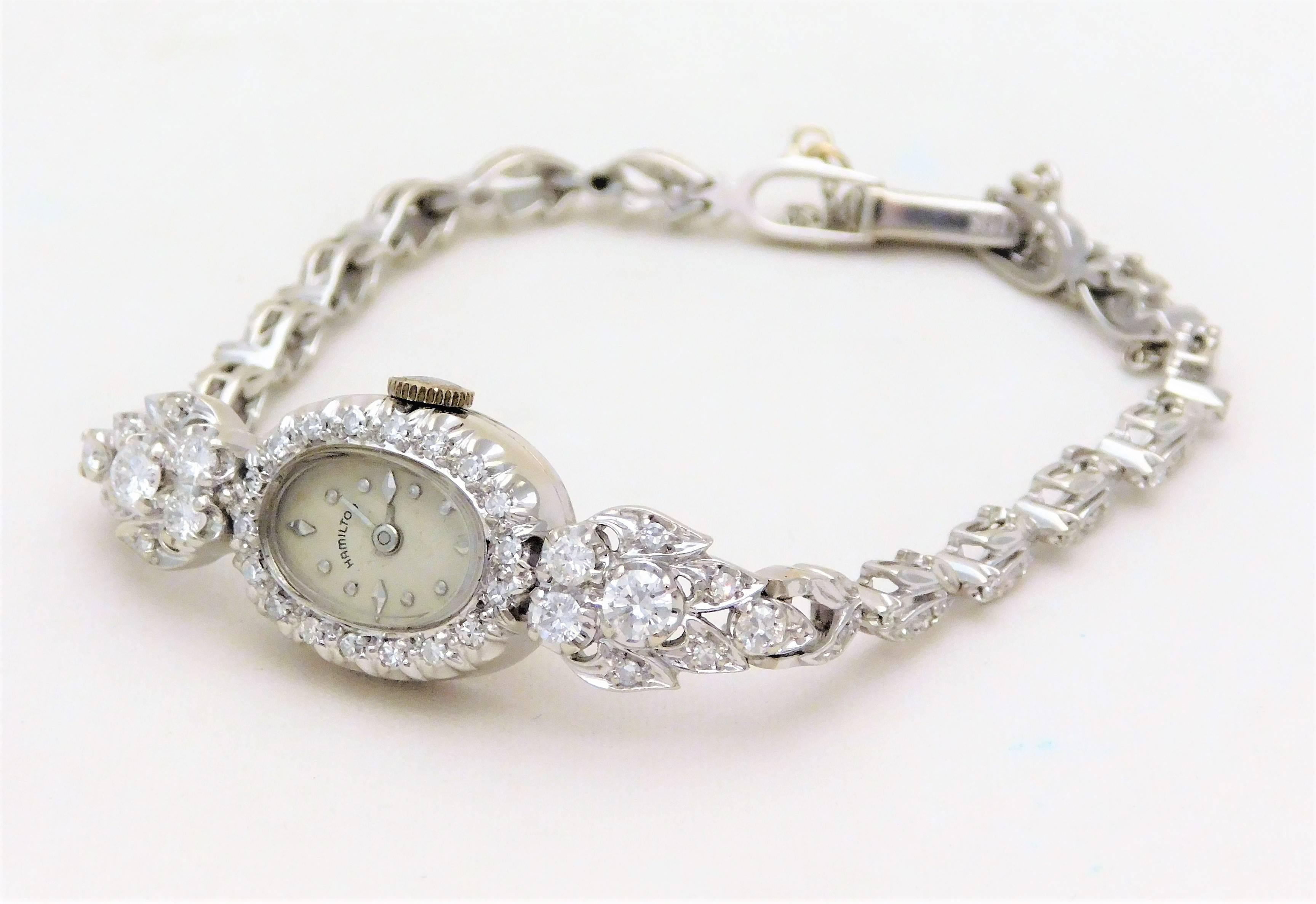 Hamilton Ladies White Gold Diamond Wristwatch, circa 1920 In Excellent Condition In Metairie, LA