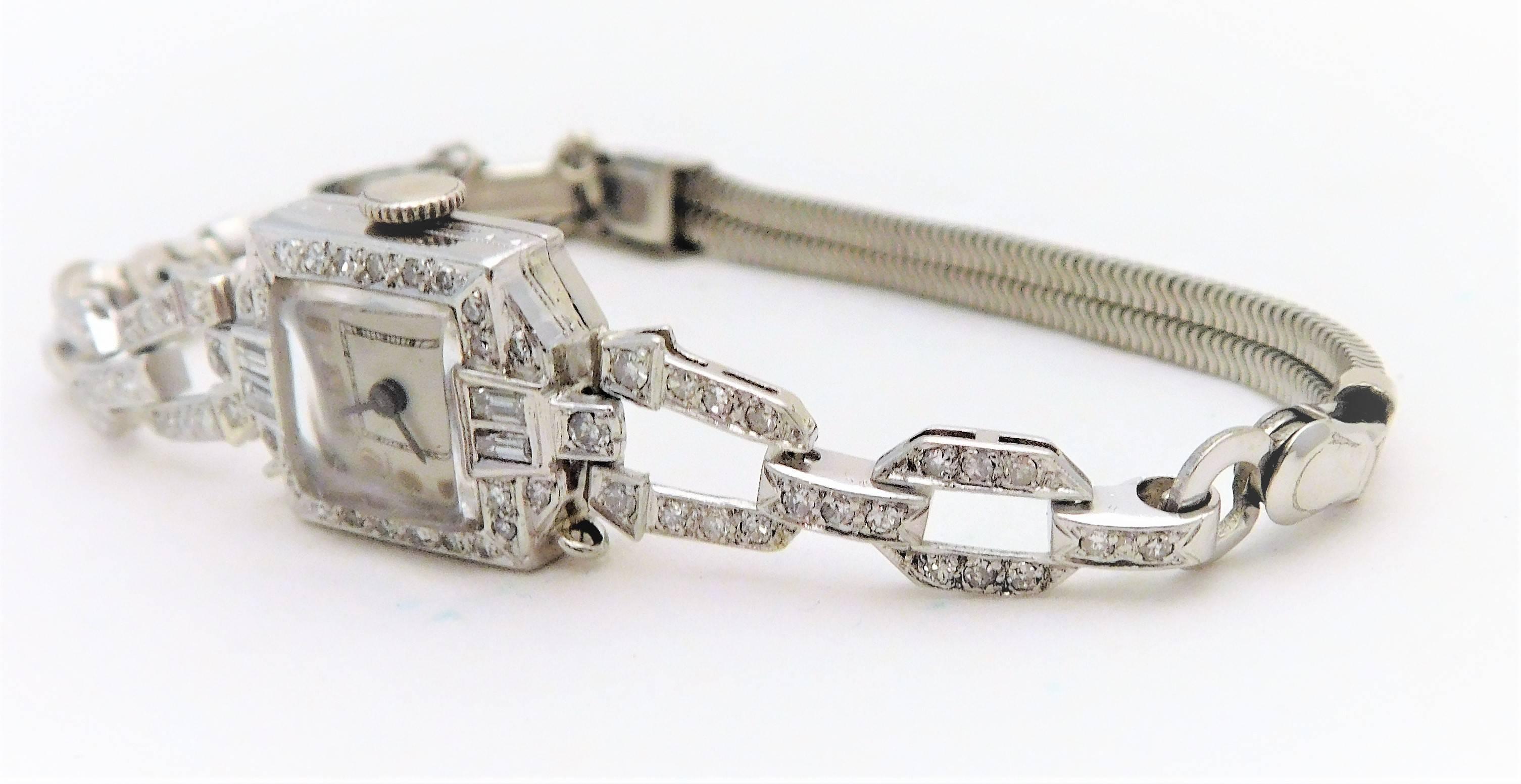 S. Kocher Ladies platinum Diamond Art Deco manual Wristwatch In Excellent Condition For Sale In Metairie, LA