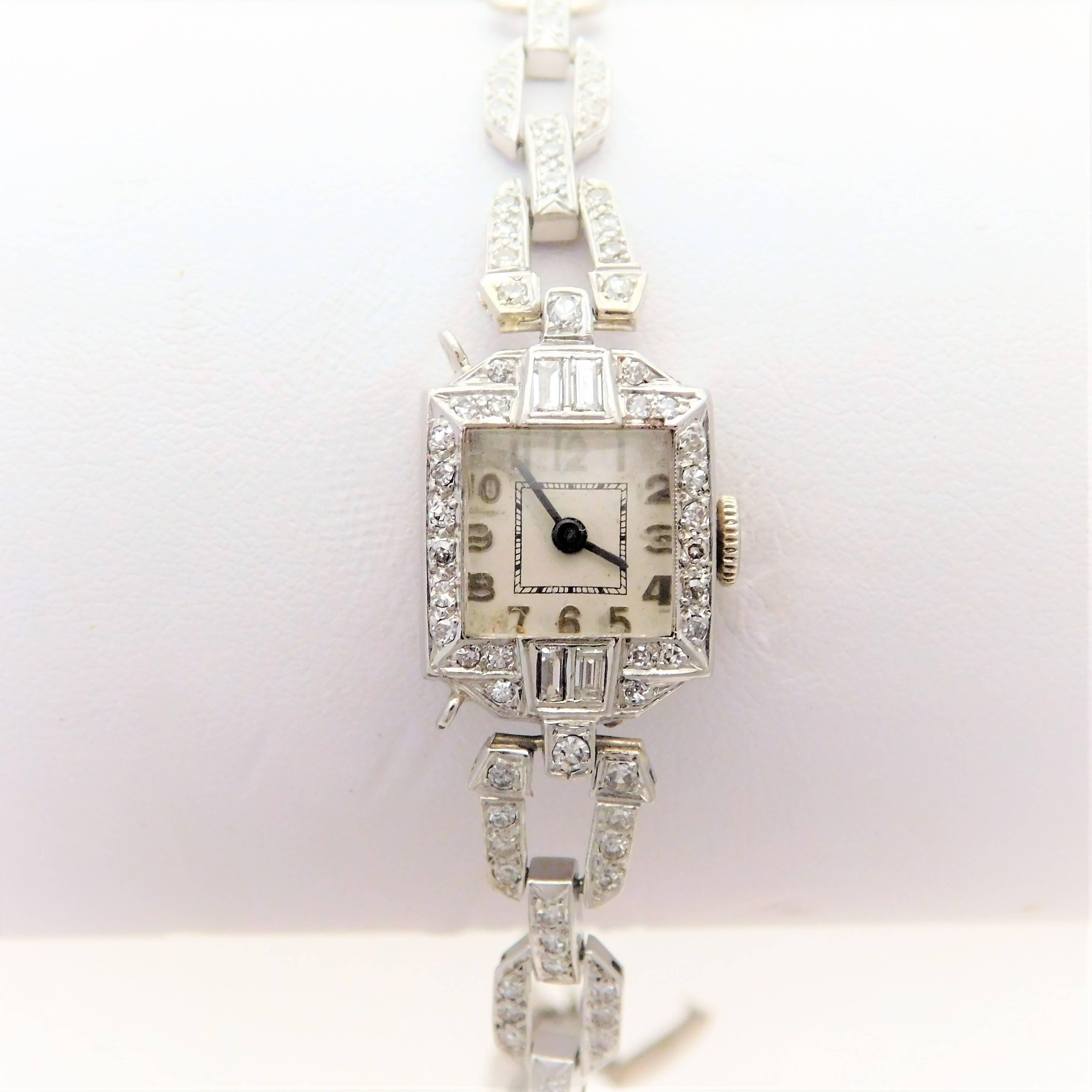 S. Kocher Ladies platinum Diamond Art Deco manual Wristwatch For Sale 3